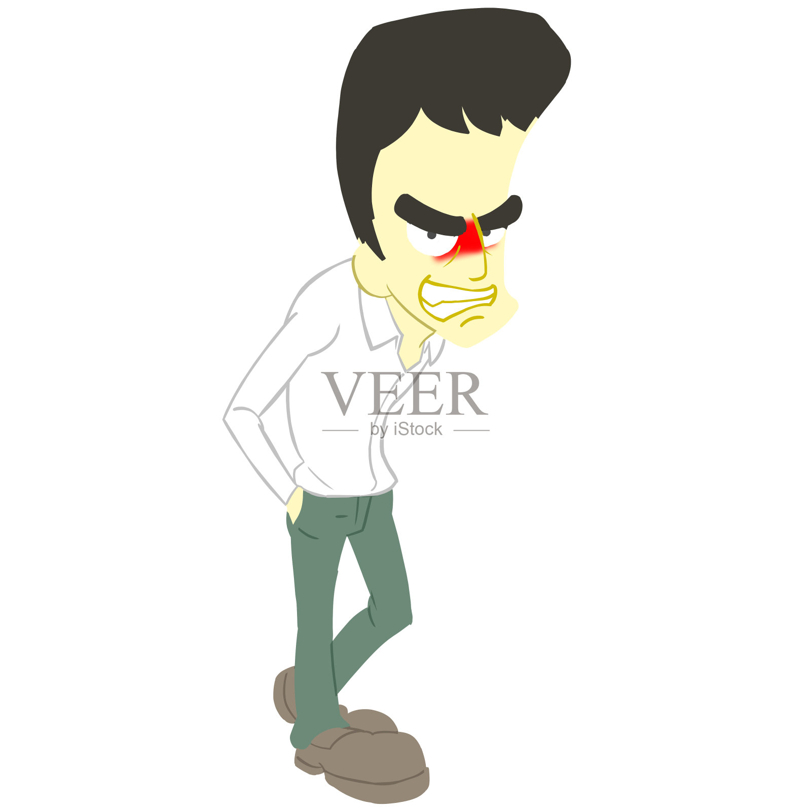 一个苗条的卡通男人的插图。生气。黑色的头发。设计元素图片