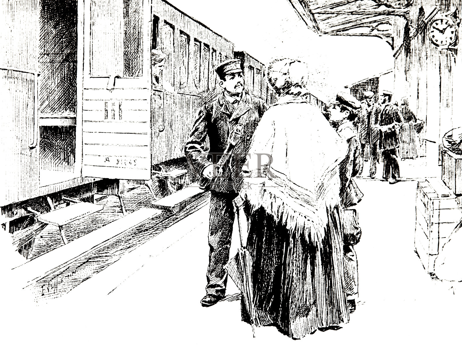 老妇人在火车站插画图片素材