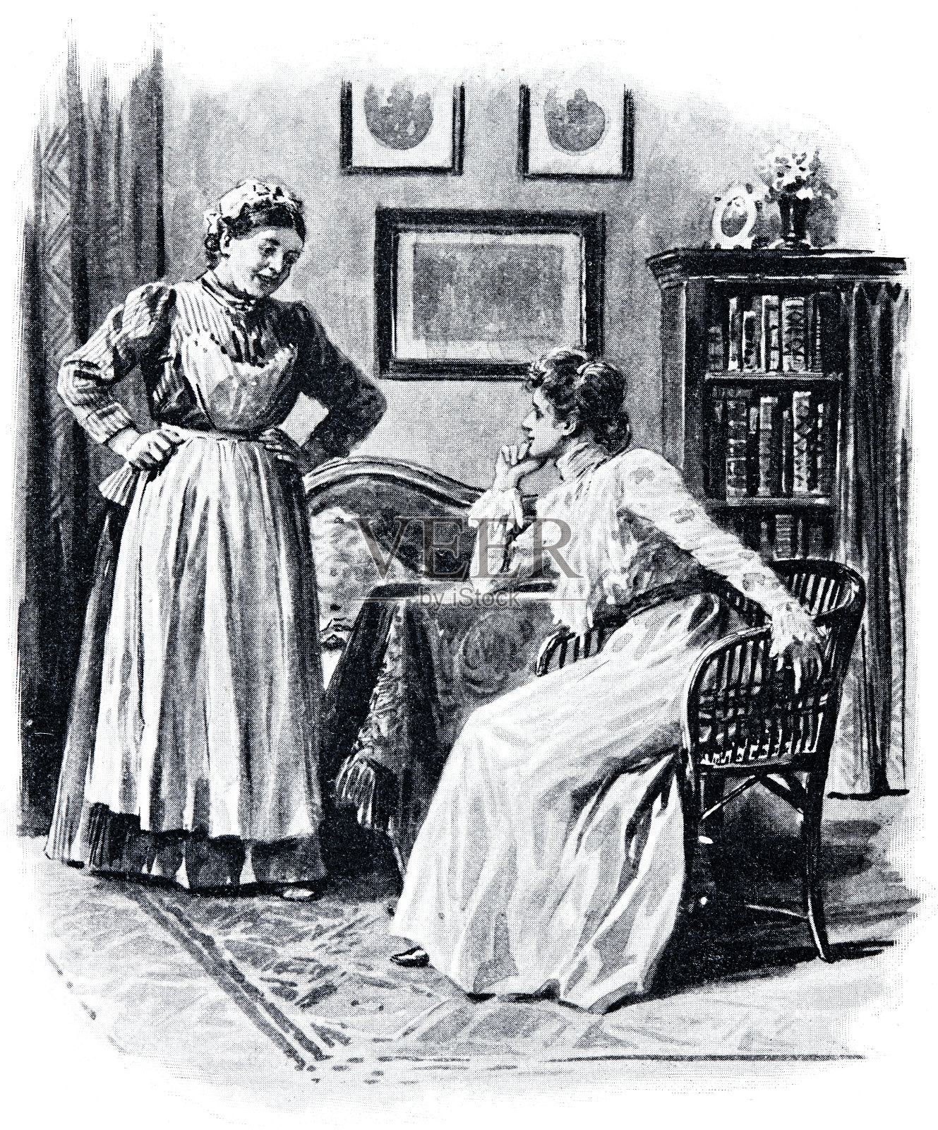 优雅的女人坐在椅子上，和女保洁员聊天插画图片素材