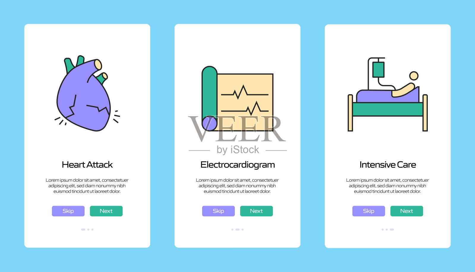 带图标的移动应用程序页面屏幕上的医疗保健和医疗概念。用户体验，用户界面设计模板矢量插图插画图片素材