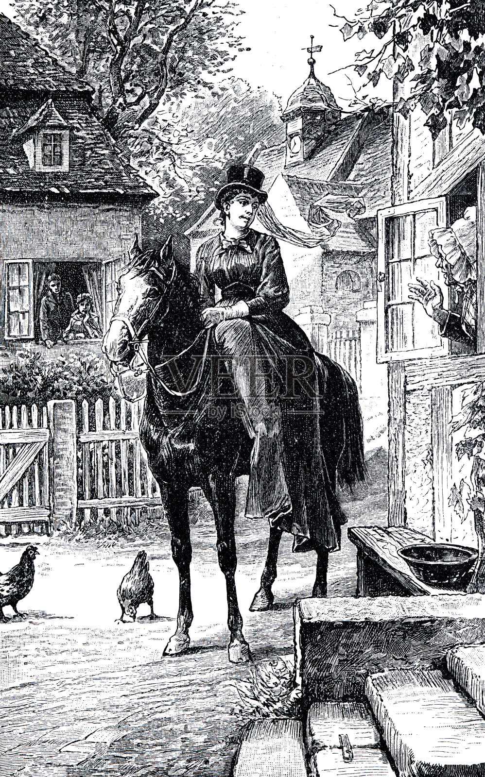 一位女士骑着马穿过一个小地方插画图片素材