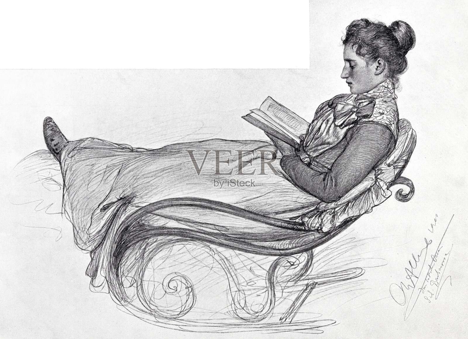 在一艘客船上，一个女人坐在摇椅上看书插画图片素材