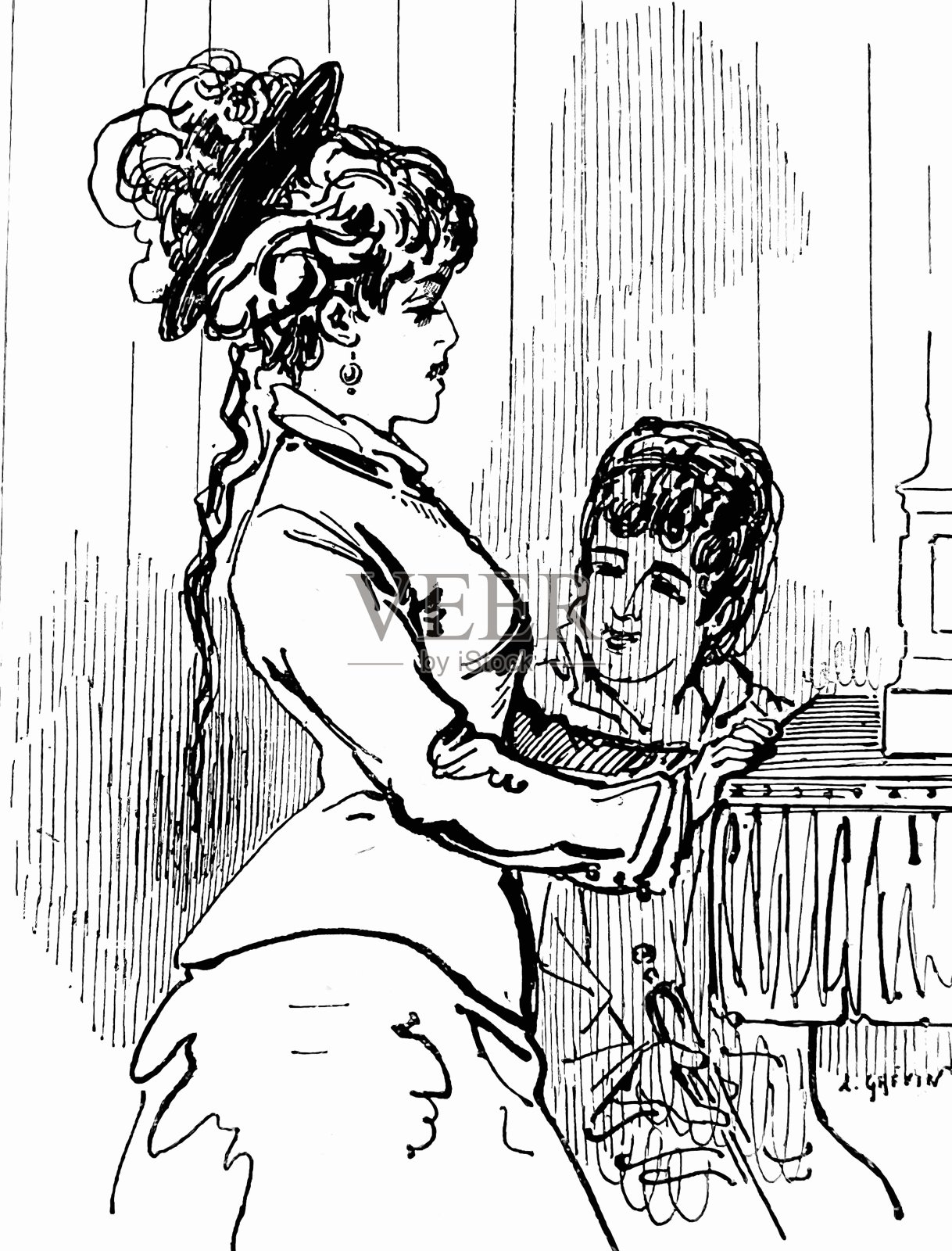 两个女人在谈话，一个站着，一个坐着插画图片素材