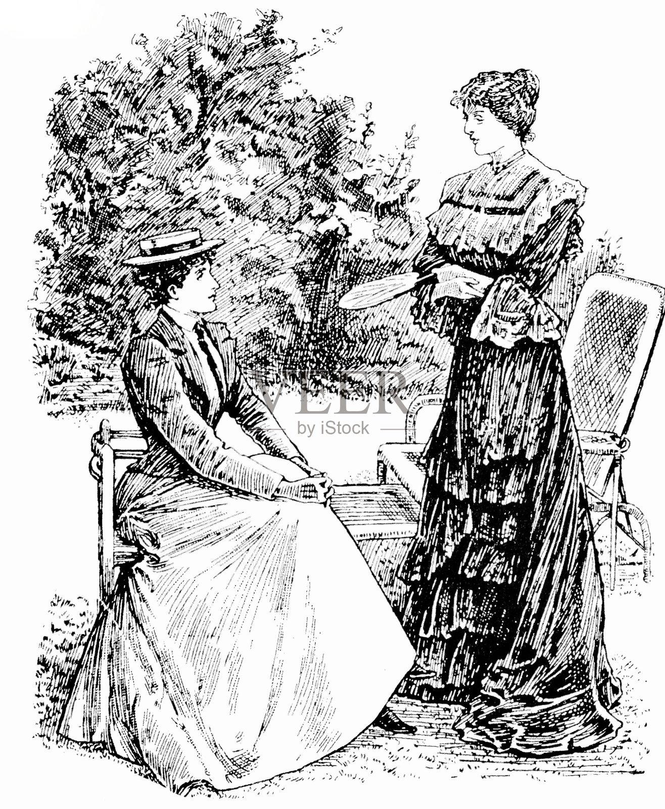 两个年轻优雅的女人在花园里聊天，一个坐着，一个站着插画图片素材