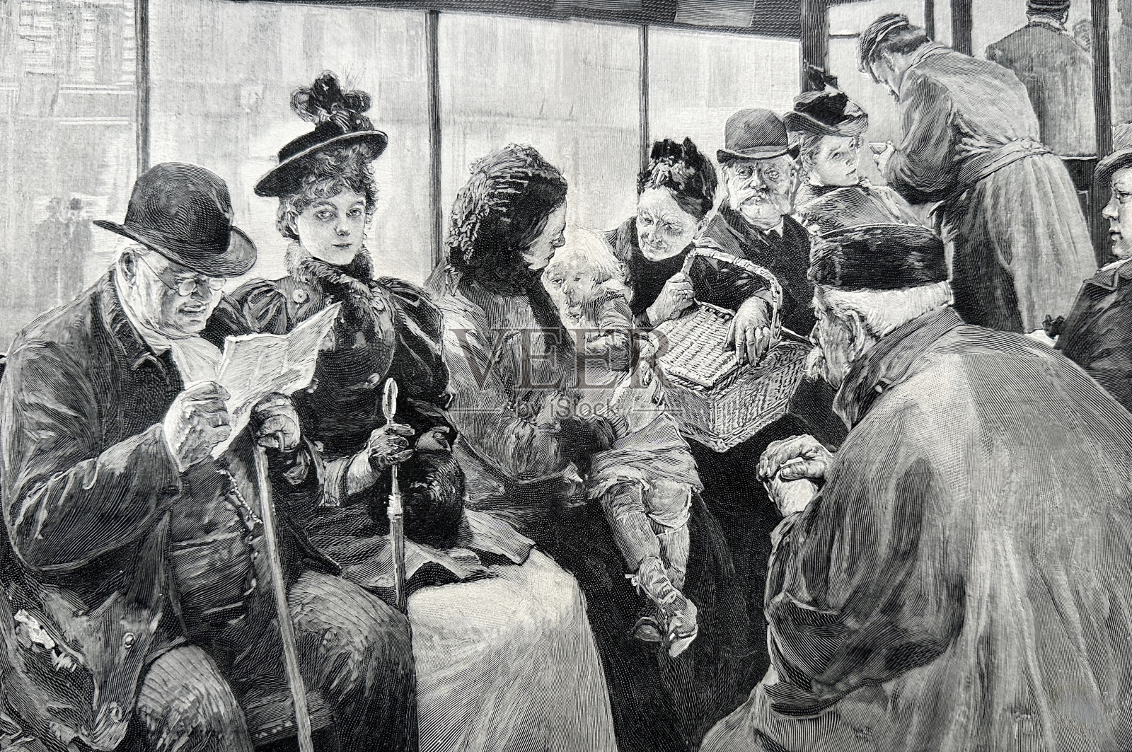 在慕尼黑的一辆有轨电车上，乘客们排成一排，坐在一个长长的窗口前插画图片素材