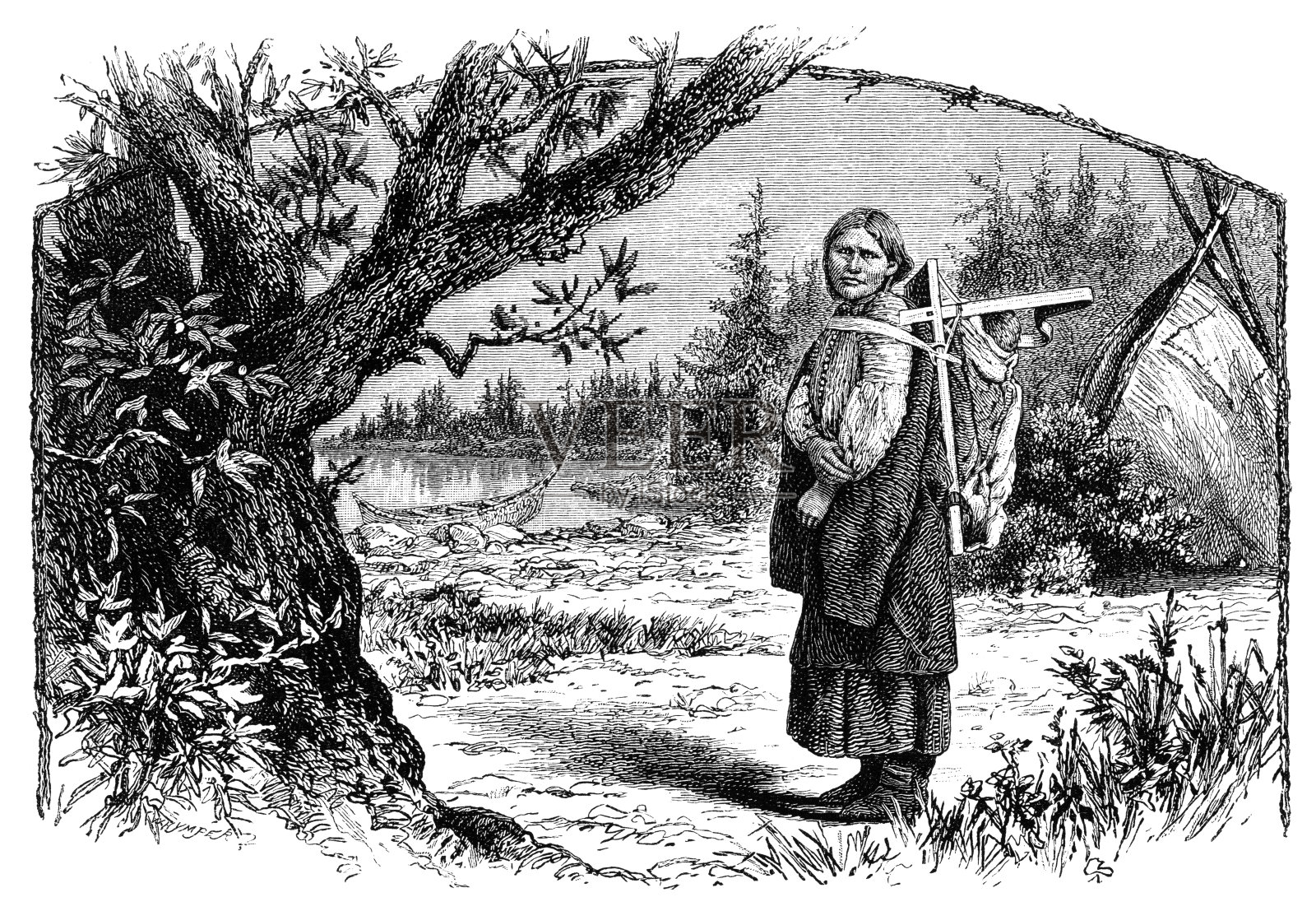 背上背着婴儿的印第安妇女插画图片素材