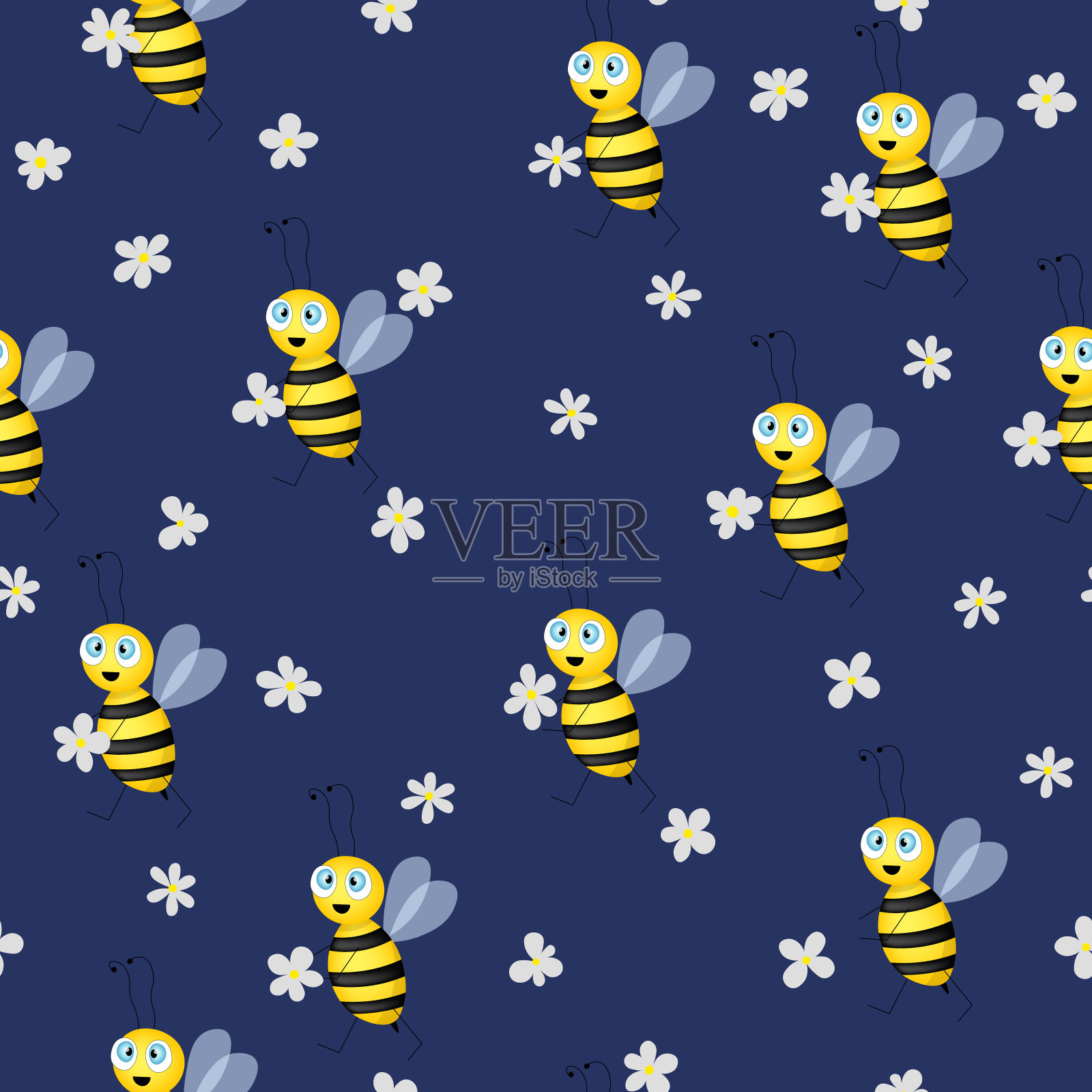 无缝图案与蜜蜂和花卉在蓝色的背景。矢量插图。可爱的卡通人物。模板设计的邀请，卡片，纺织品，织物。蜜蜂与玫瑰。平的风格。插画图片素材