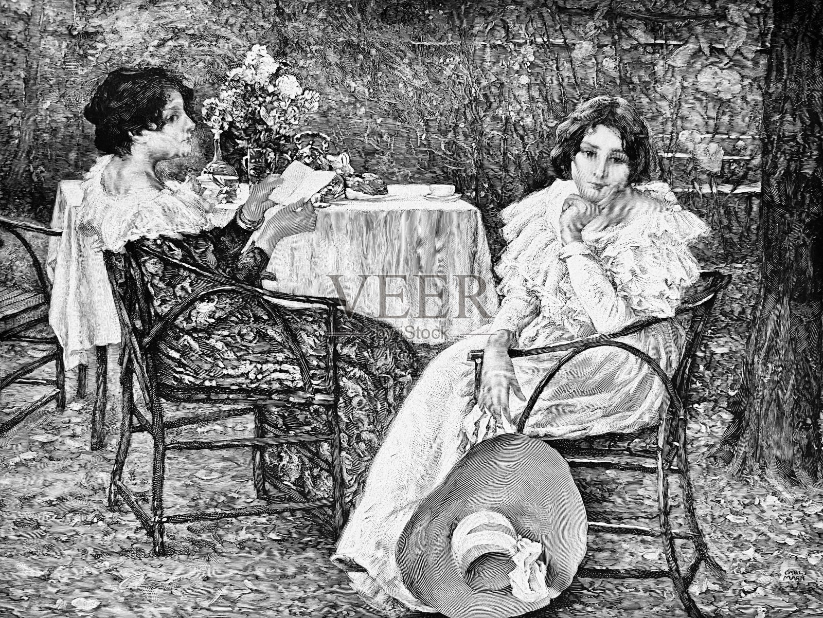 两个熟悉的女性朋友在花园里聊天插画图片素材