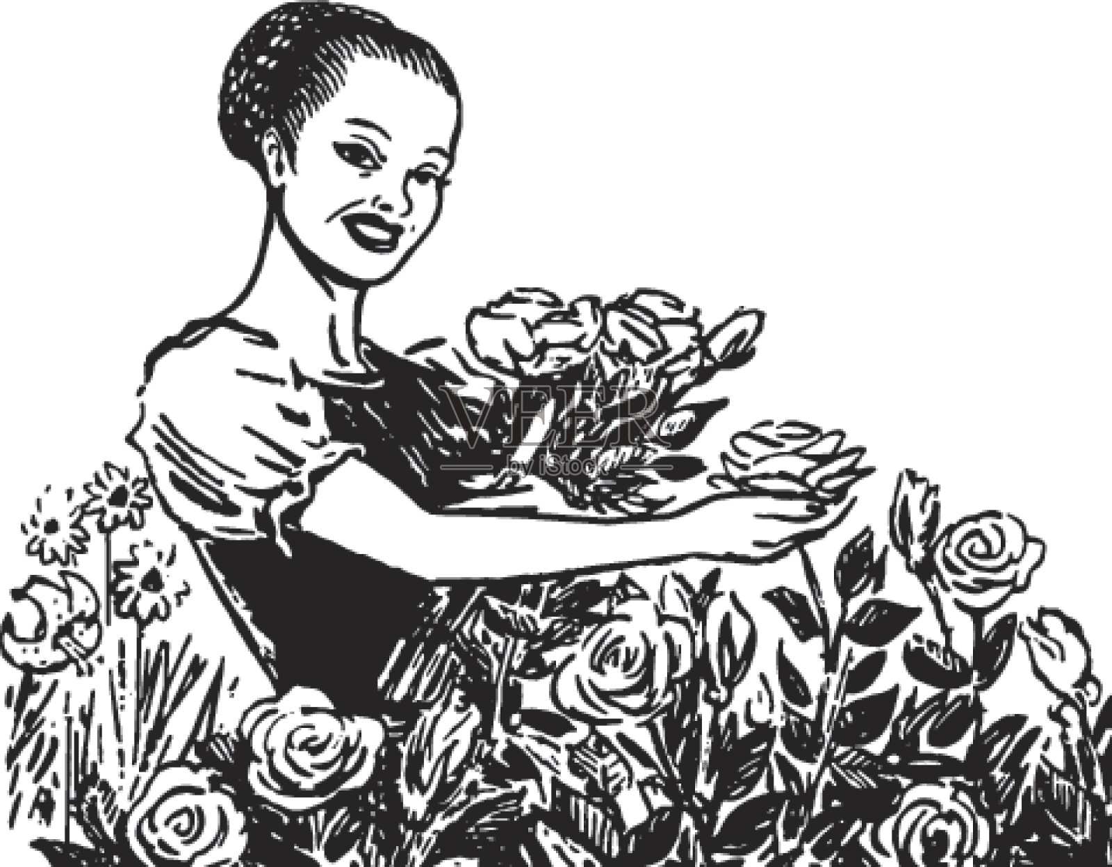 玫瑰花园里的女人插画图片素材