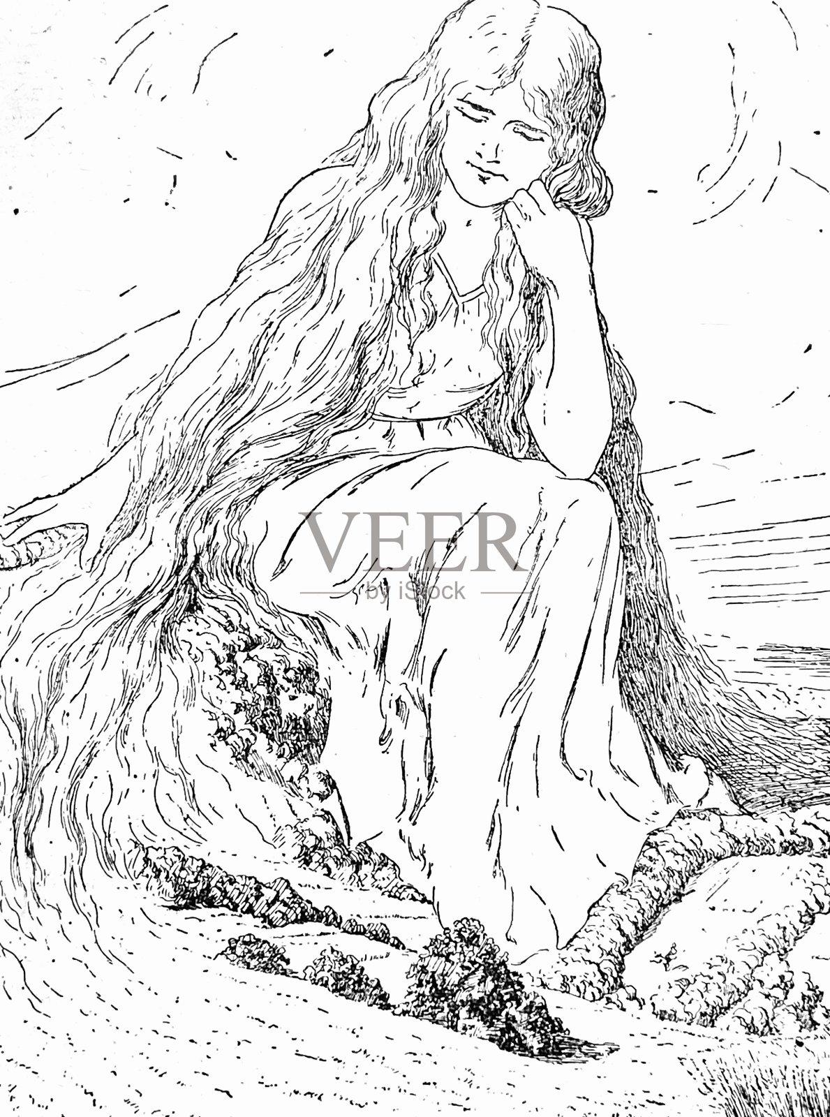 年轻美丽的女人留着长发，让它在风景中生长插画图片素材