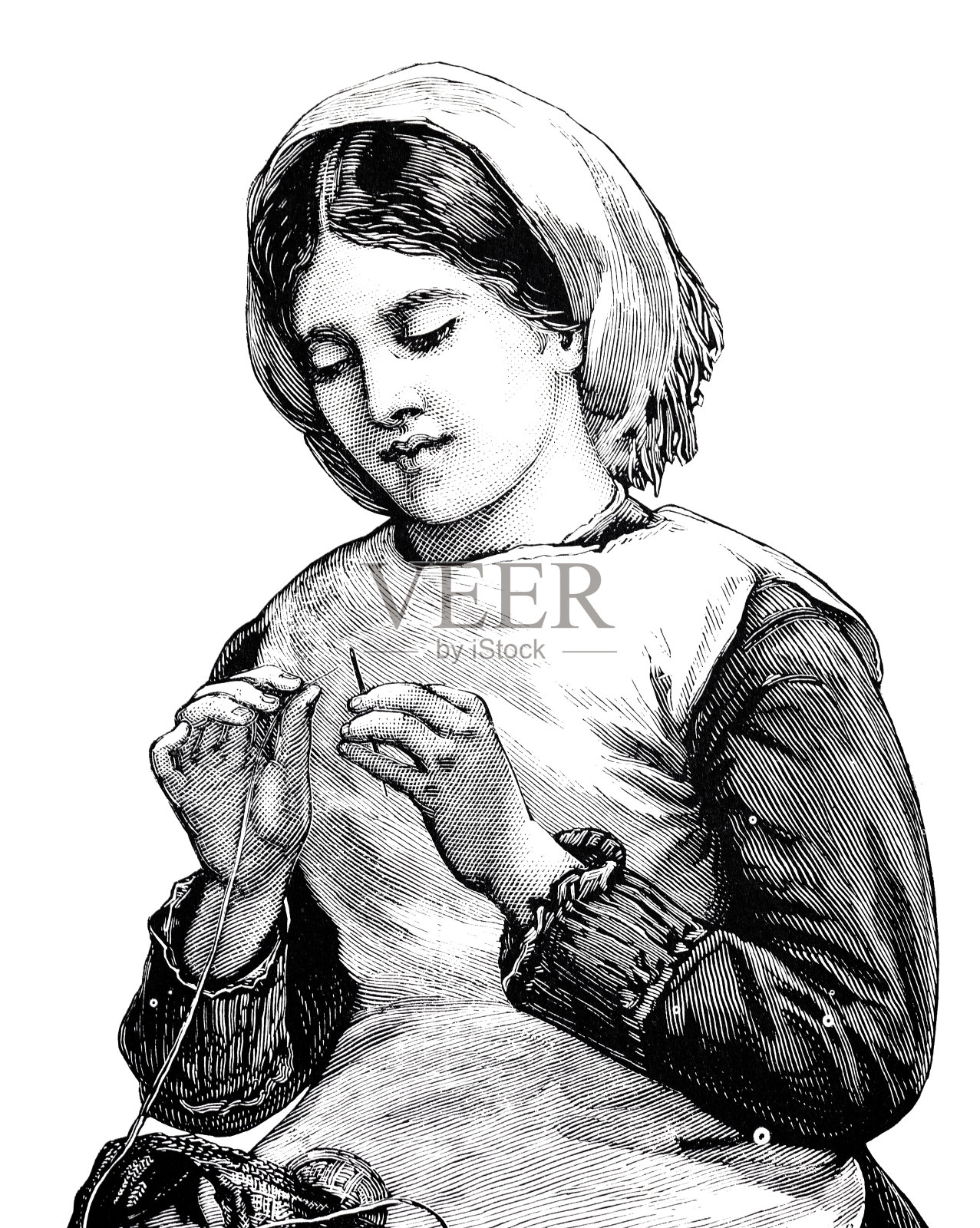 年轻女子戴头巾穿线针，白色背景插画图片素材