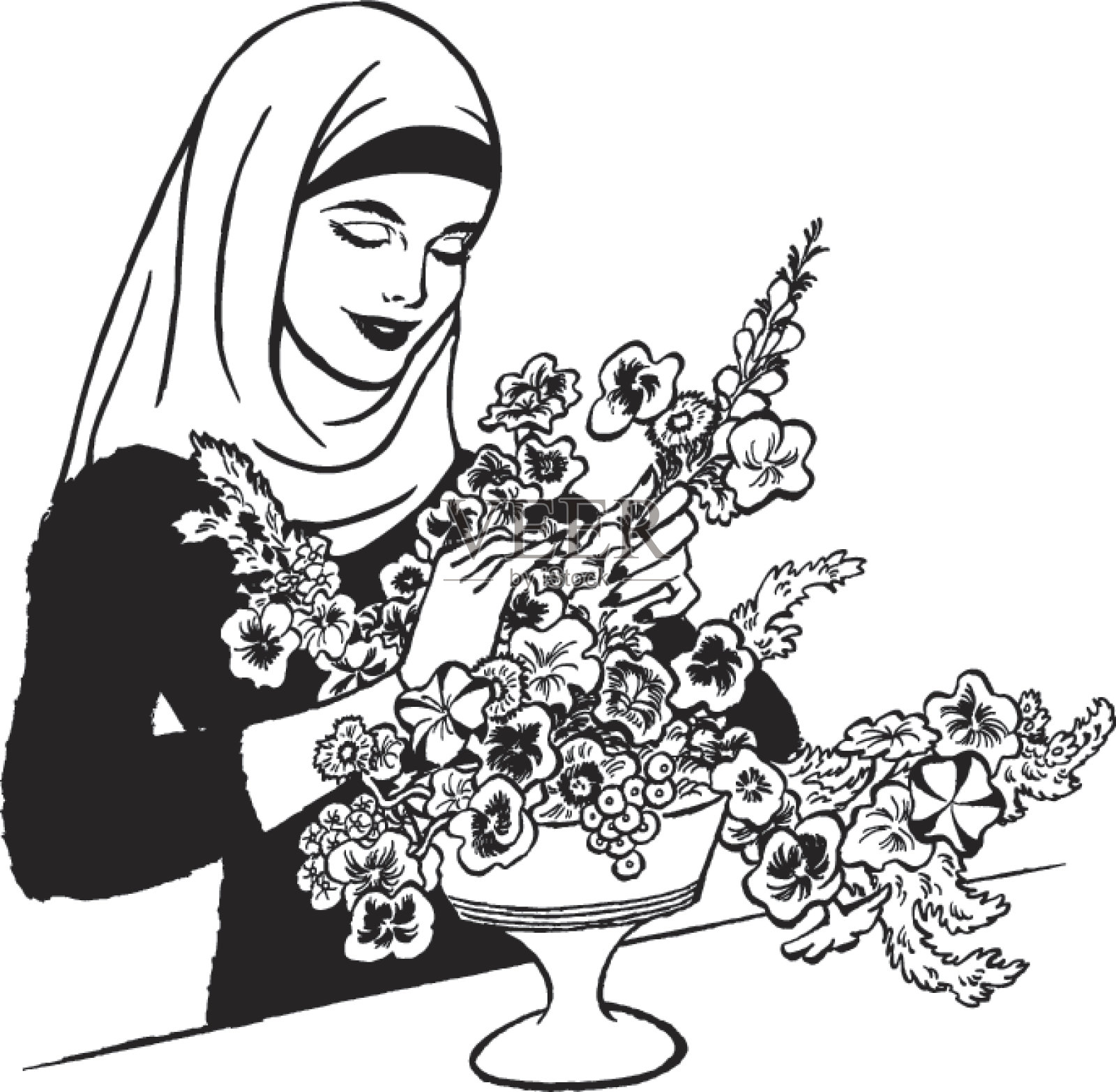 插图的妇女与头巾和鲜花在花瓶插画图片素材