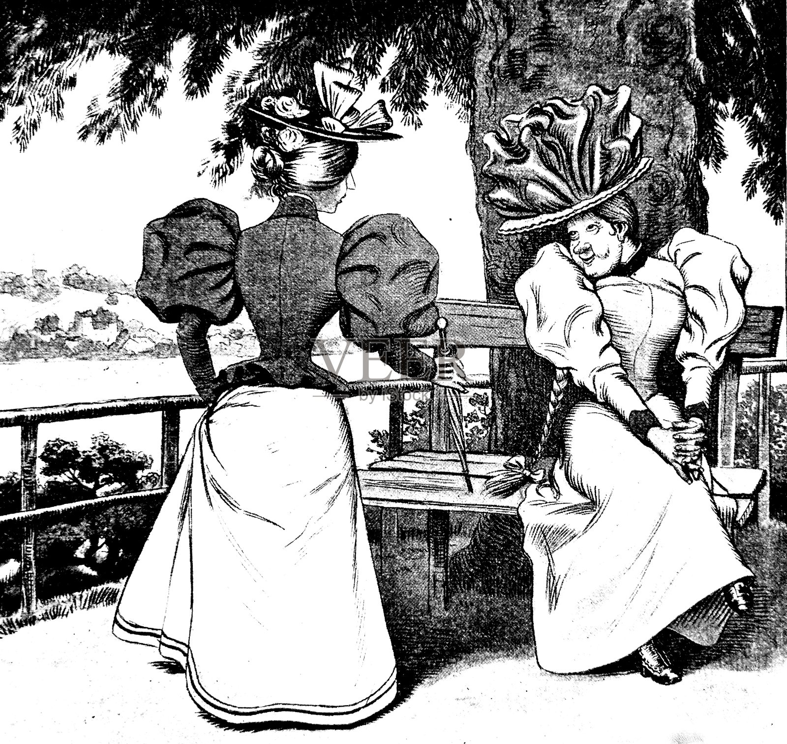 两位优雅的女士坐在长凳旁:还有空位吗?没有了，亲爱的插画图片素材