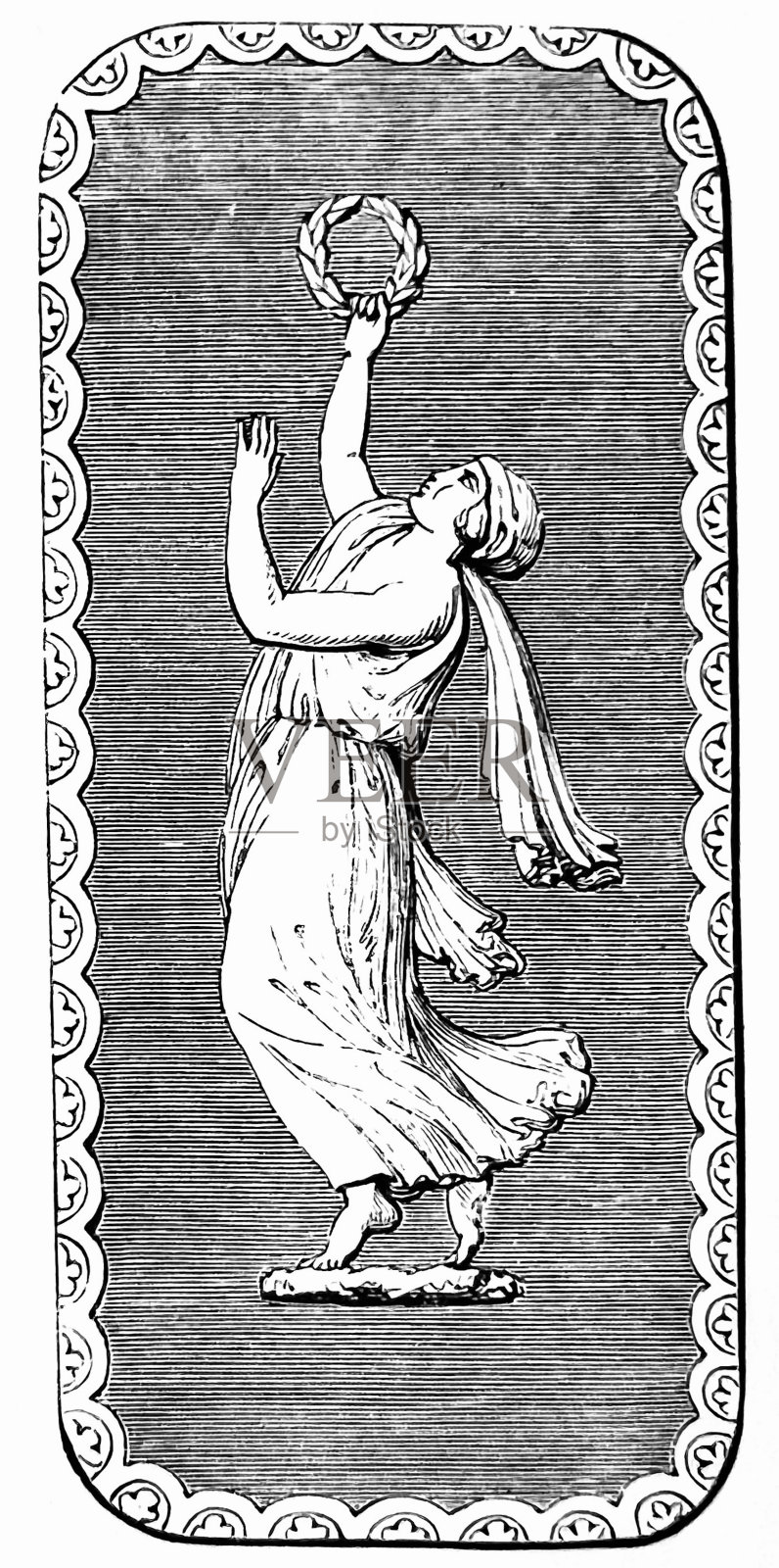 1851年，伦敦水晶宫展览，装饰上有手持月桂花环的女子插画图片素材