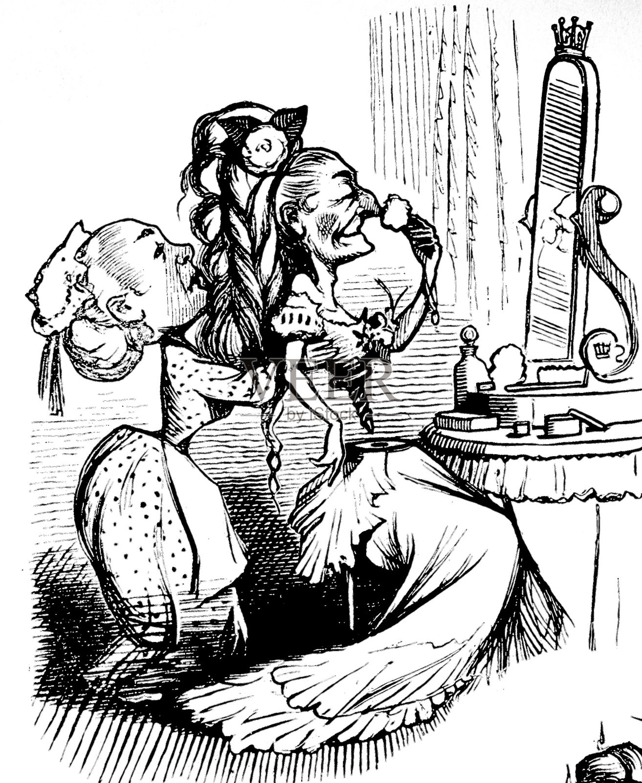 女仆在梳妆台上把娃娃的上衣塞进女士的屁股里插画图片素材