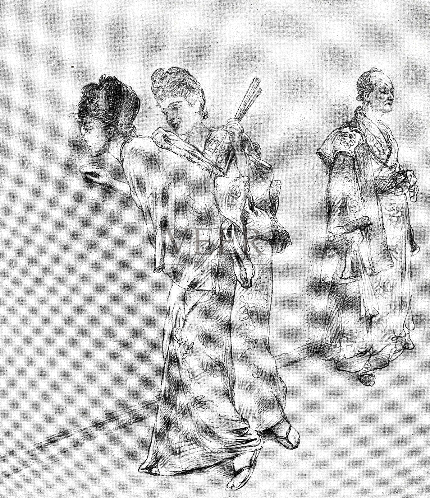 两个年轻的舞者从墙上的一个洞里窥视着:那个令人垂涎的男人也在礼堂里吗?插画图片素材