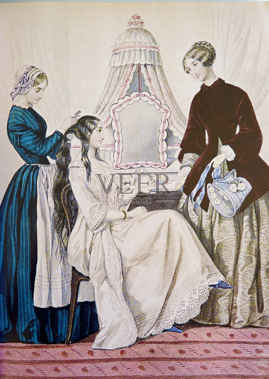 一位高贵的年轻女士早上梳洗穿衣插画图片素材