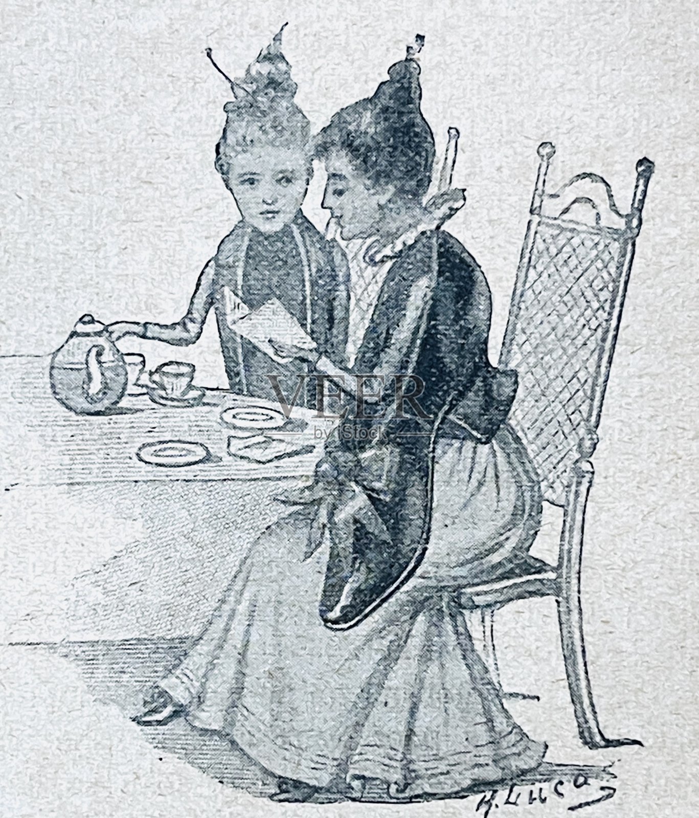 两个女人坐在咖啡桌旁读着一封信插画图片素材