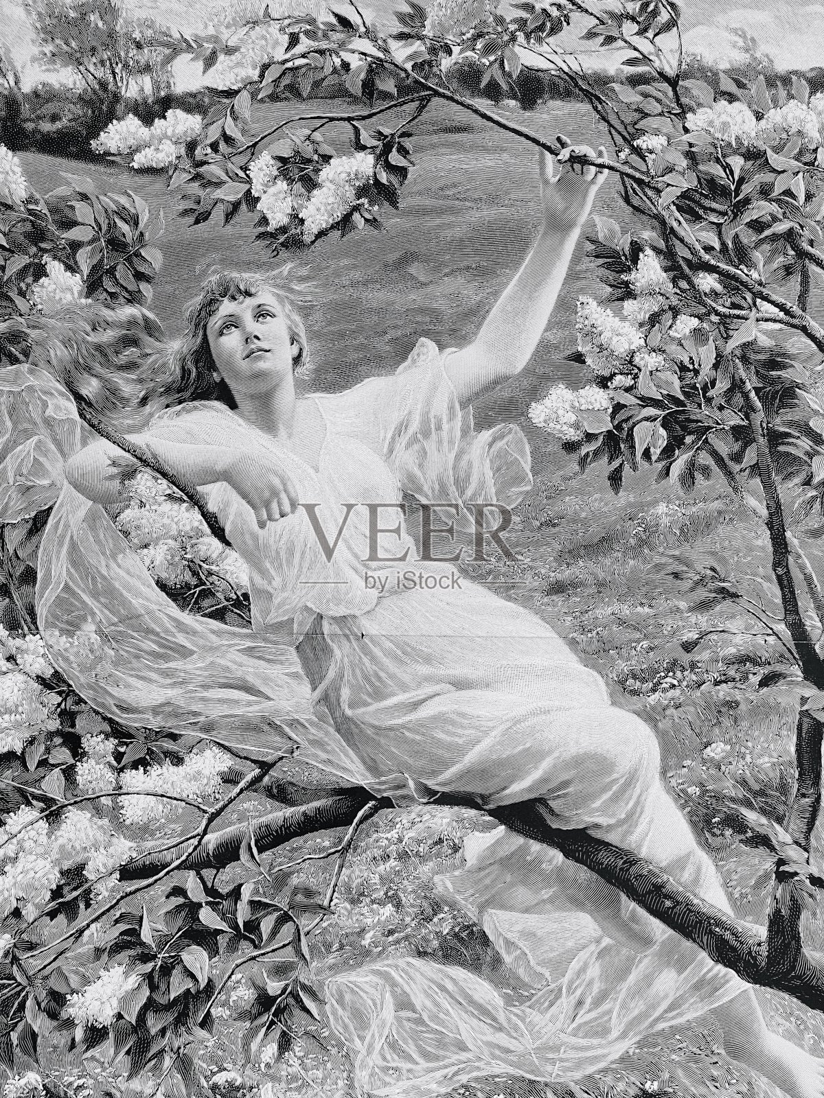 年轻女子穿着飘逸的白色连衣裙，坐在花枝上插画图片素材