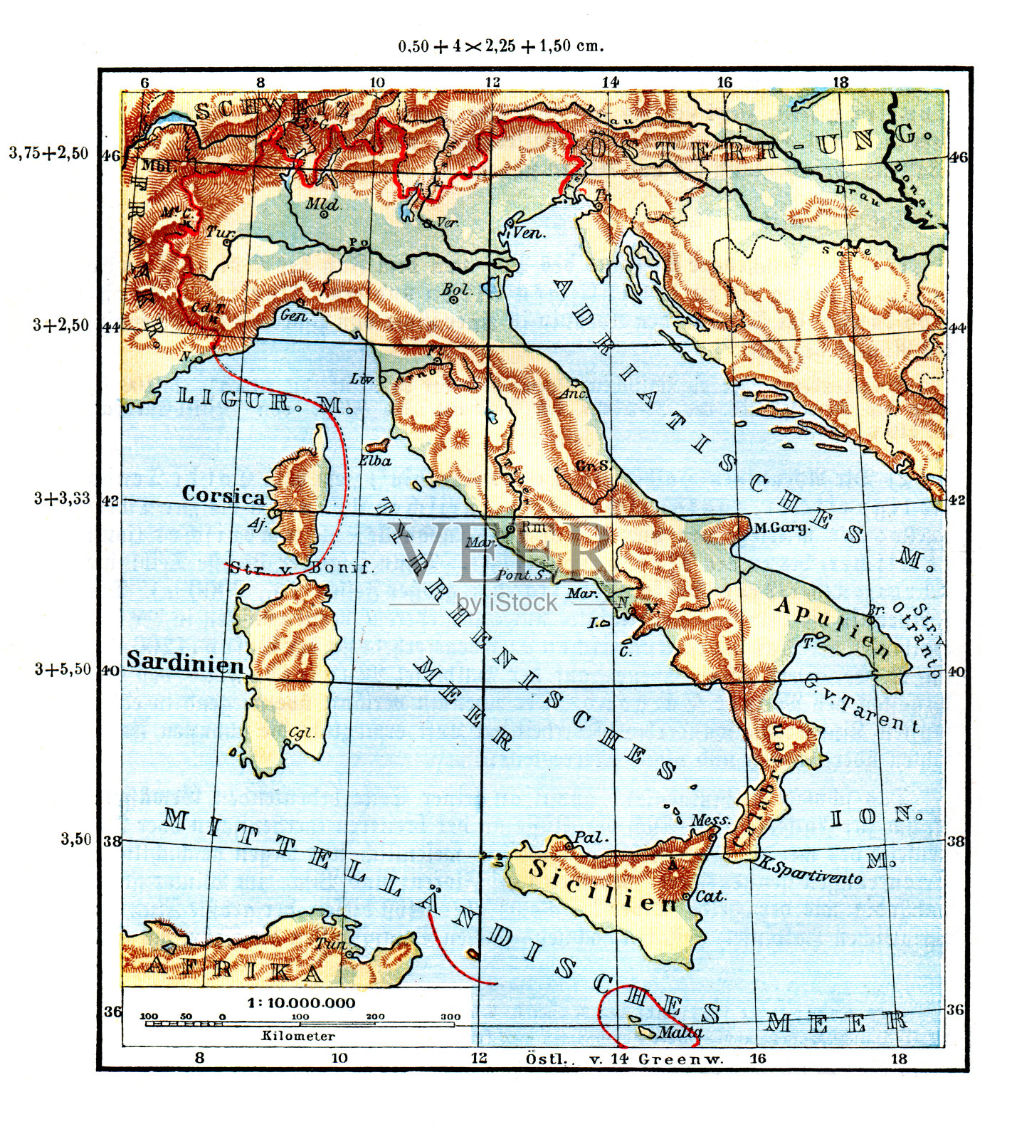 1889年意大利、撒丁岛和科西嘉岛地图插画图片素材
