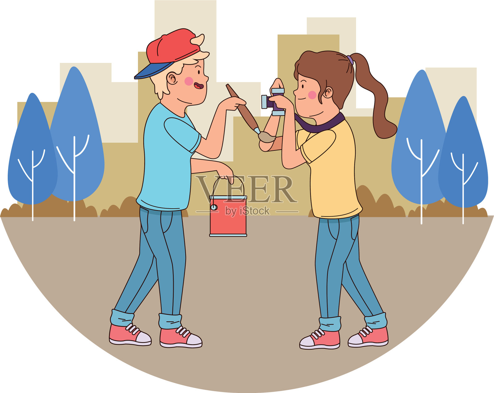 十几岁的朋友们微笑着玩卡通插画图片素材