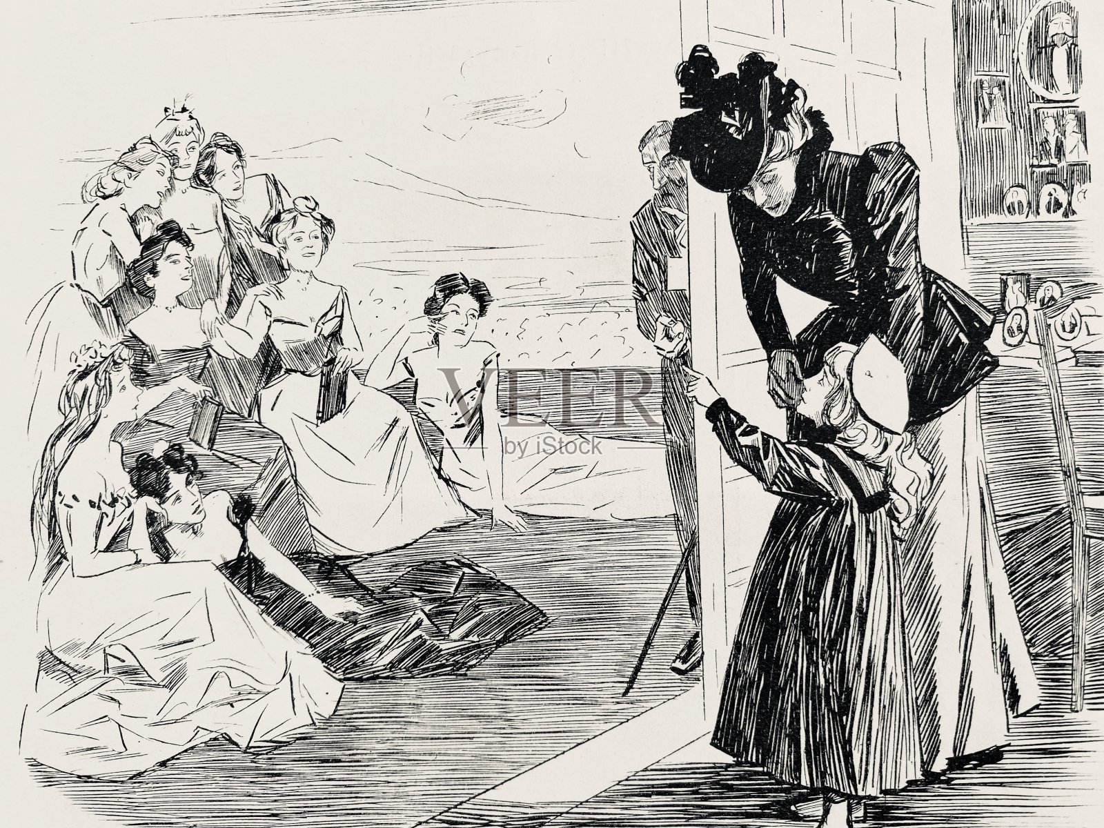 女儿在照相馆看着那些穿着紧身的女人插画图片素材