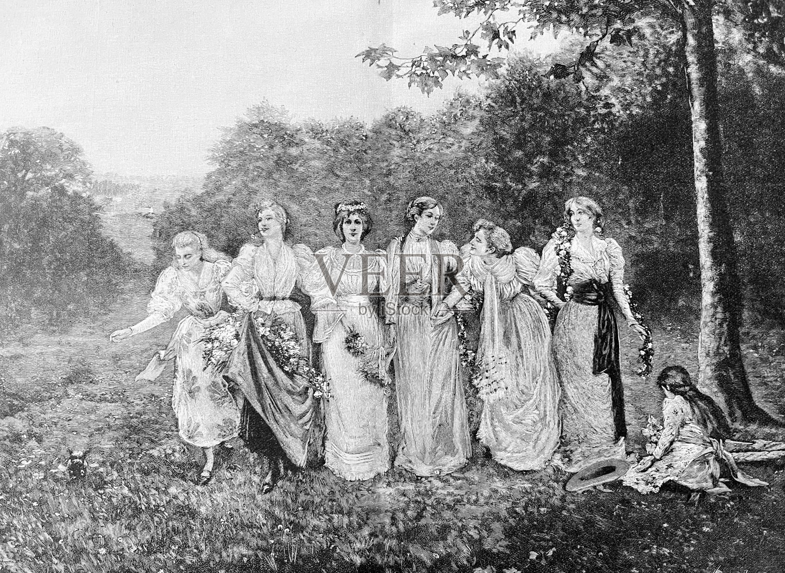 妇女们在草地上献花插画图片素材