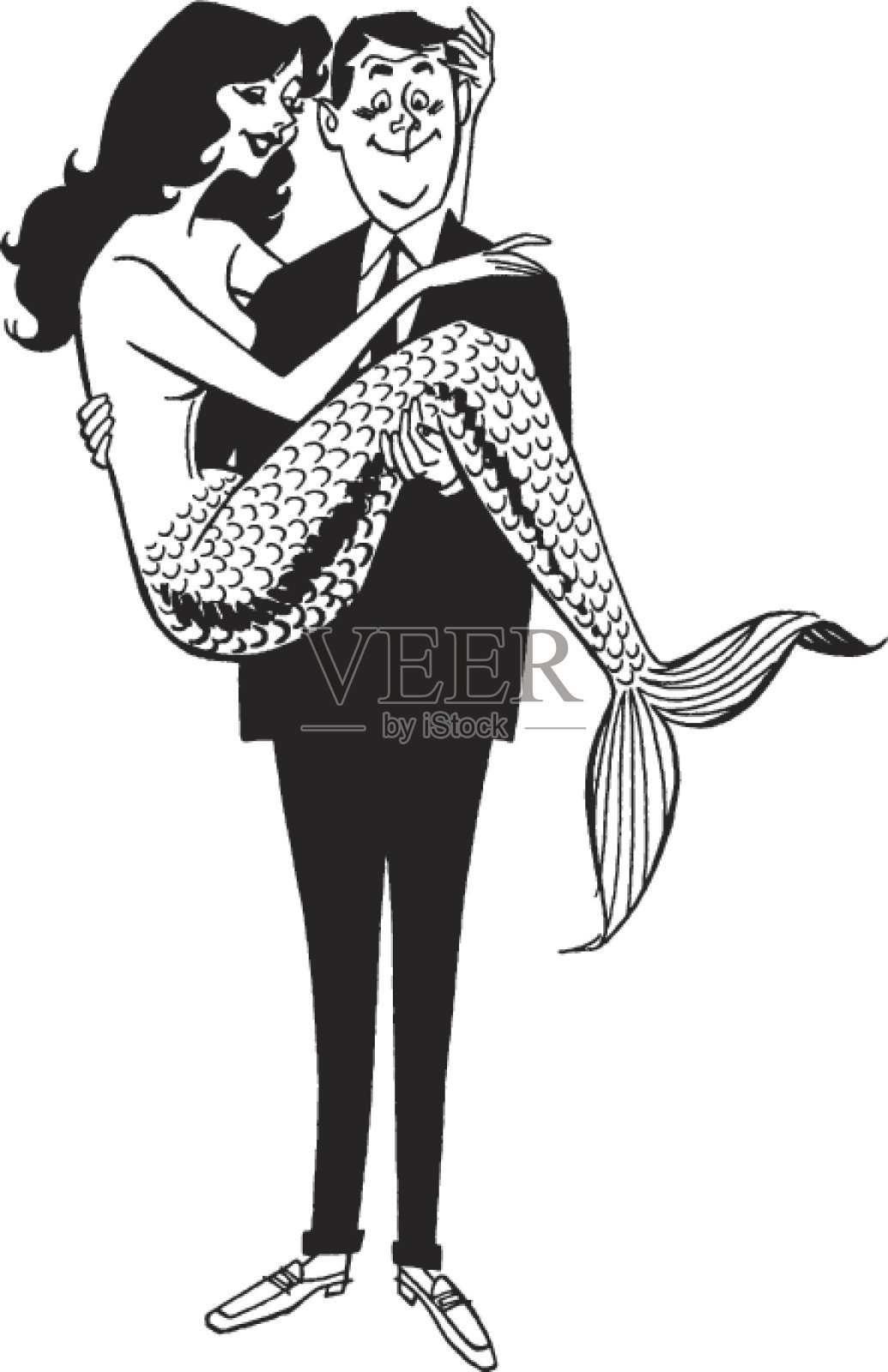 男人抱着美丽的美人鱼插画图片素材