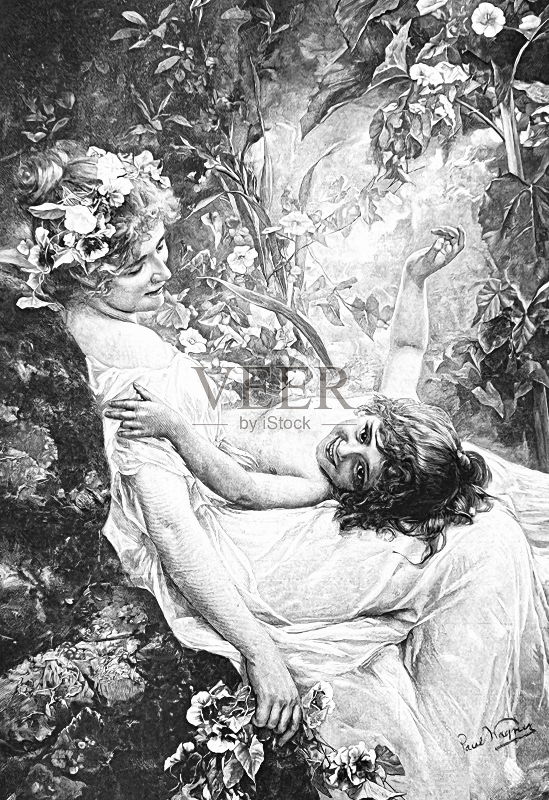 母亲抱着孩子，孩子躺在她的膝上，两个人幸福地躺在鲜花中插画图片素材