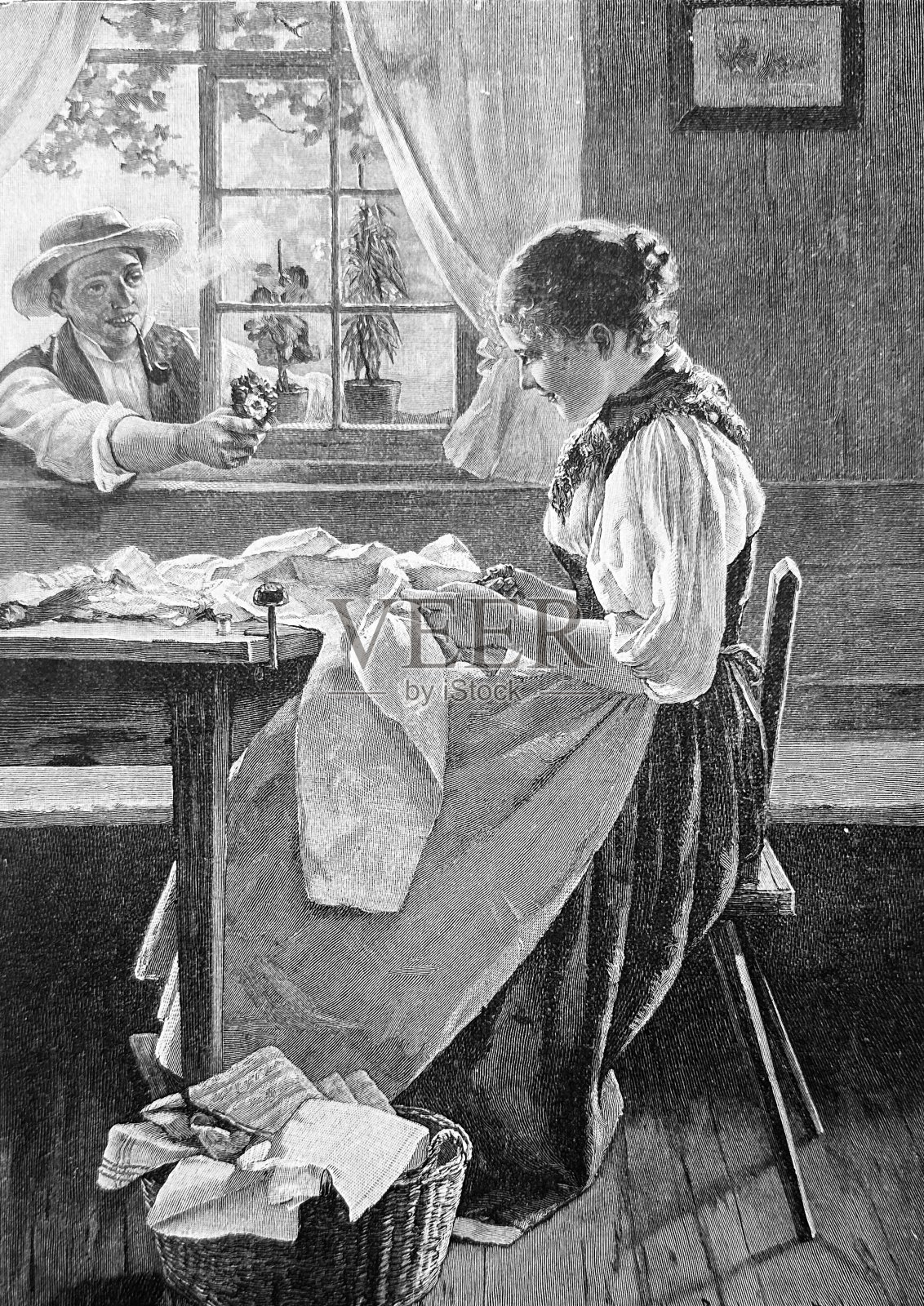 一名男子向坐在室内做针线活的年轻女士献上一束花插画图片素材