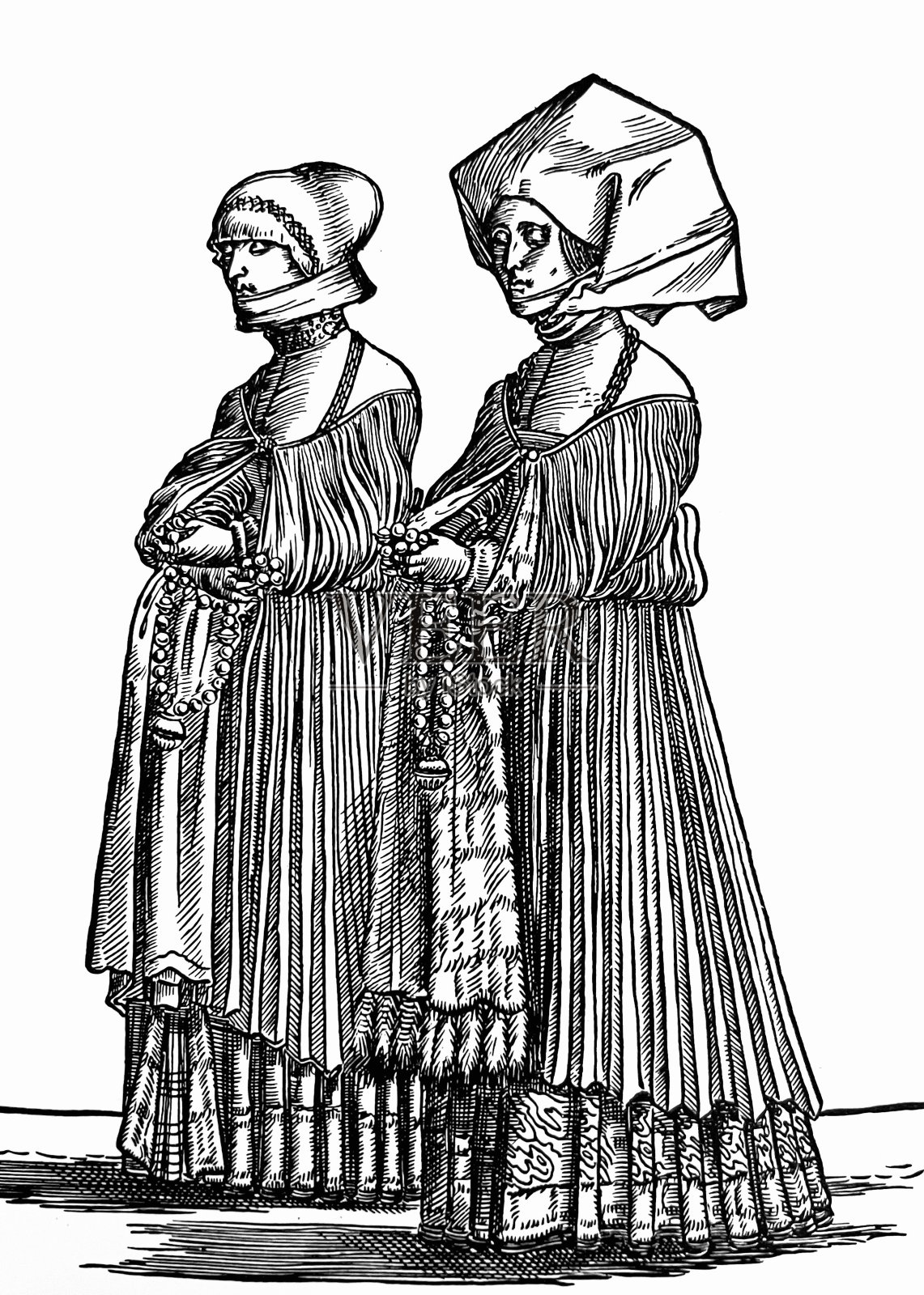 两个戴着头巾的中世纪女人插画图片素材