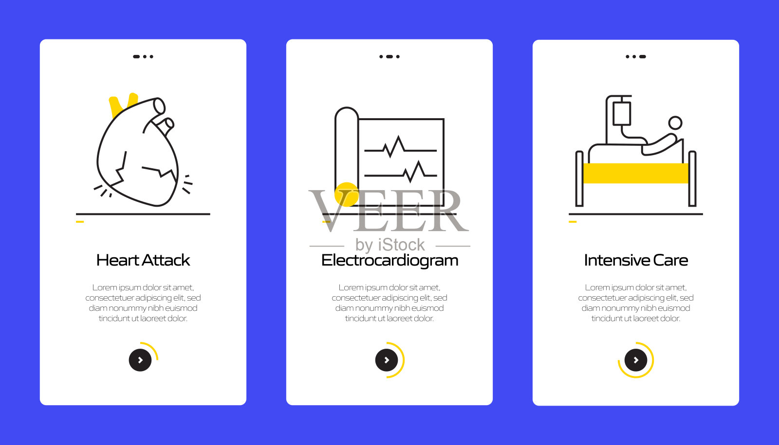 带图标的移动应用程序页面屏幕上的医疗保健和医疗概念。用户体验，用户界面设计模板矢量插图插画图片素材