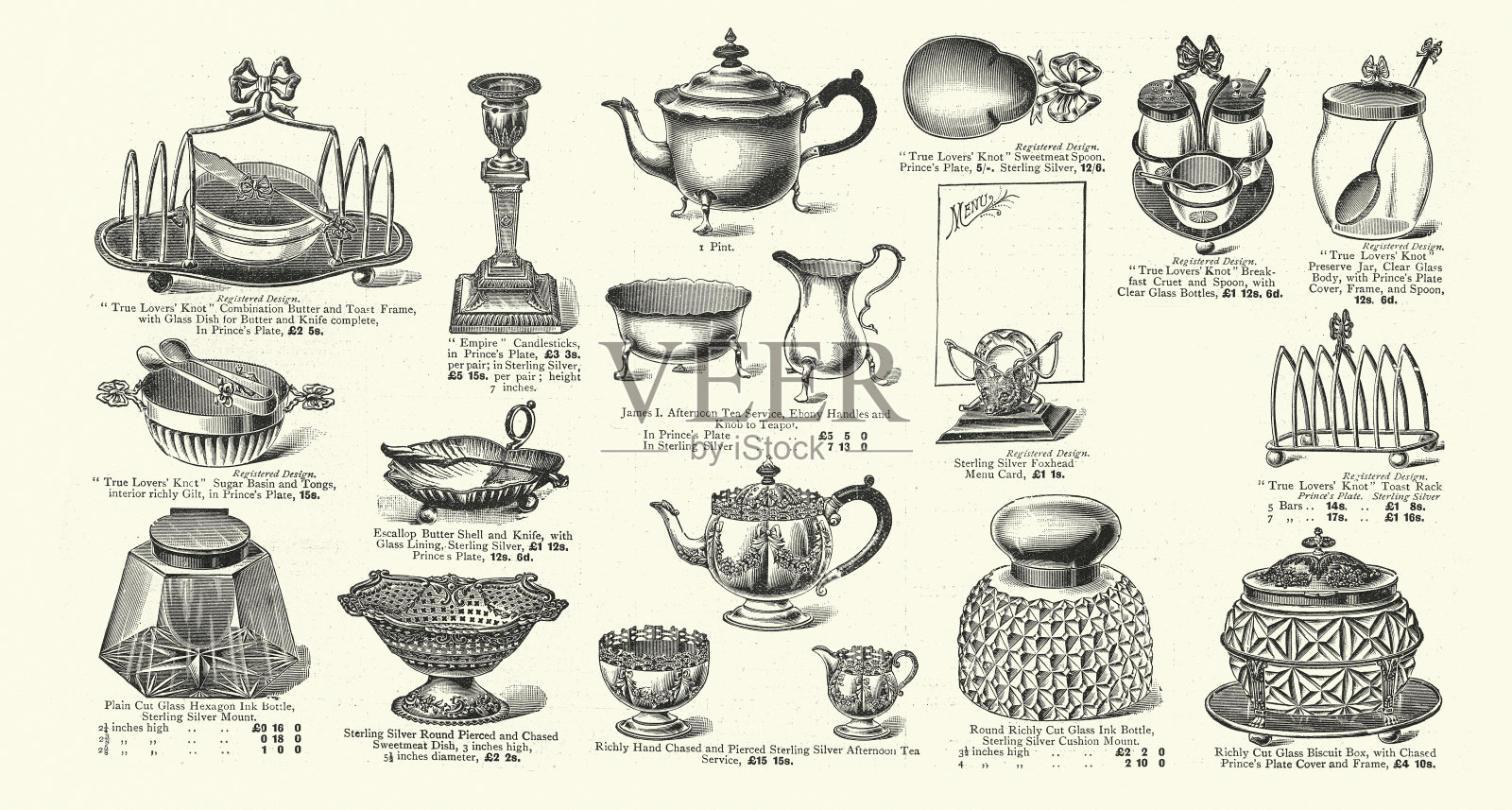 晚期维多利亚银器的例子，吐司rac，糖盆，墨水瓶，烛台，茶壶，饼干盒，1890年代插画图片素材