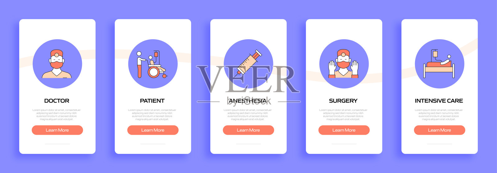 带图标的移动应用程序页面屏幕上的医疗保健和医疗概念。用户体验，用户界面设计模板矢量插图插画图片素材