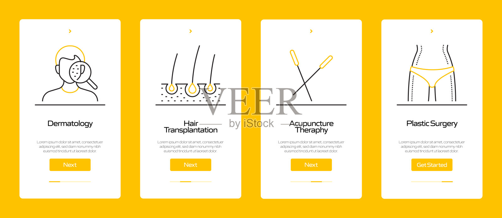 带图标的移动应用程序页面屏幕上的医疗保健和医疗概念。用户体验，用户界面设计模板矢量插图插画图片素材