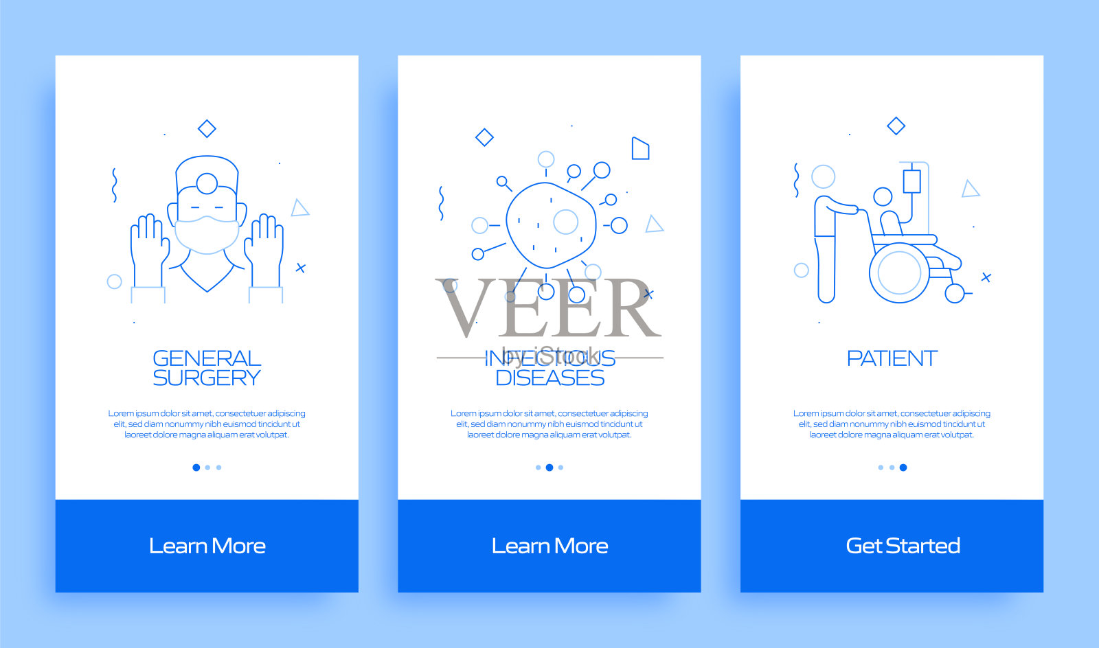 带图标的移动应用程序页面屏幕上的医疗保健和医疗概念。用户体验，用户界面设计模板矢量插图插画图片素材