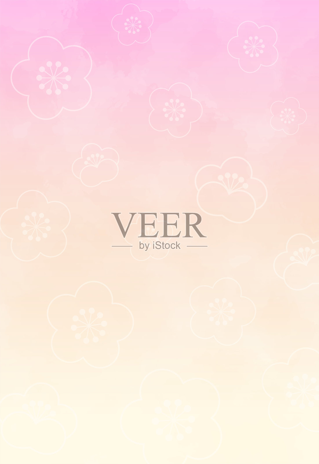 粉色到黄色渐变水彩背景插图与梅花。垂直类型。插画图片素材