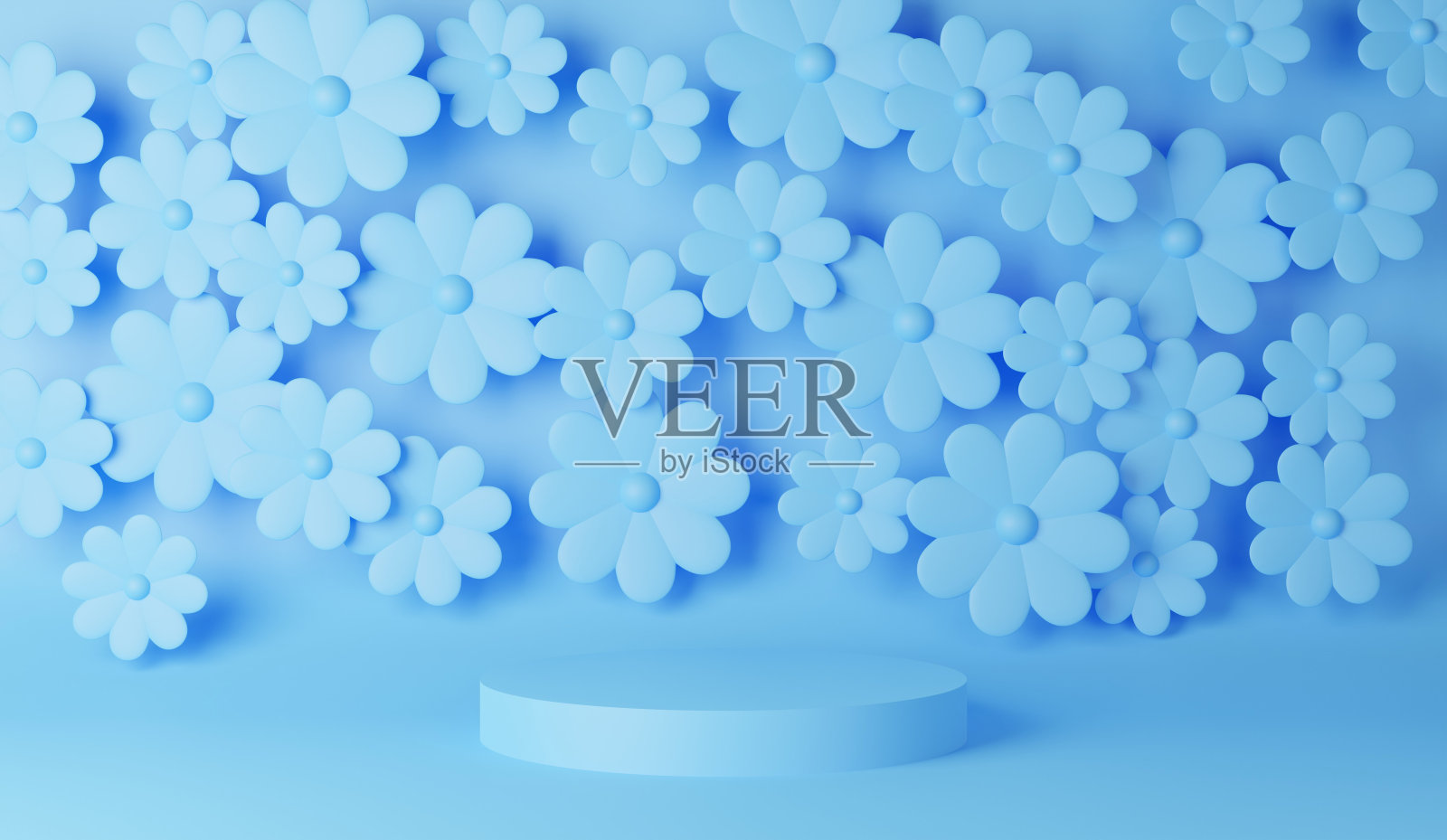 一个可爱的背景图像与底座(淡蓝色)的背景上的多个花卉图案。3 d渲染。照片摄影图片