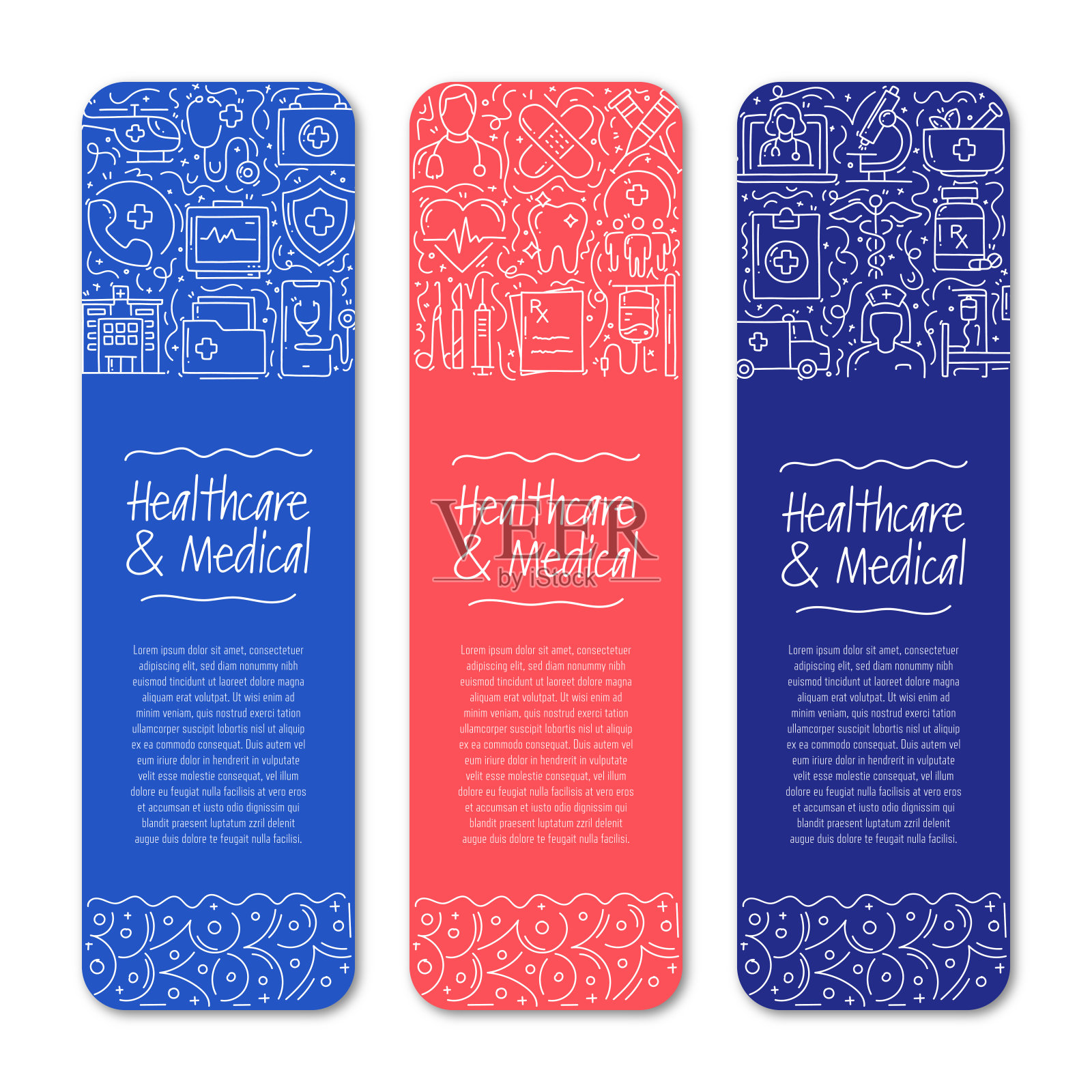 医疗保健和医疗相关对象和元素。手绘矢量涂鸦插图集合。带有不同医疗保健和医疗对象的横幅模板插画图片素材