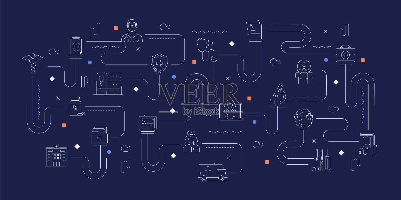 医疗保健和医疗相关矢量横幅设计概念，现代线条风格与图标插画图片素材