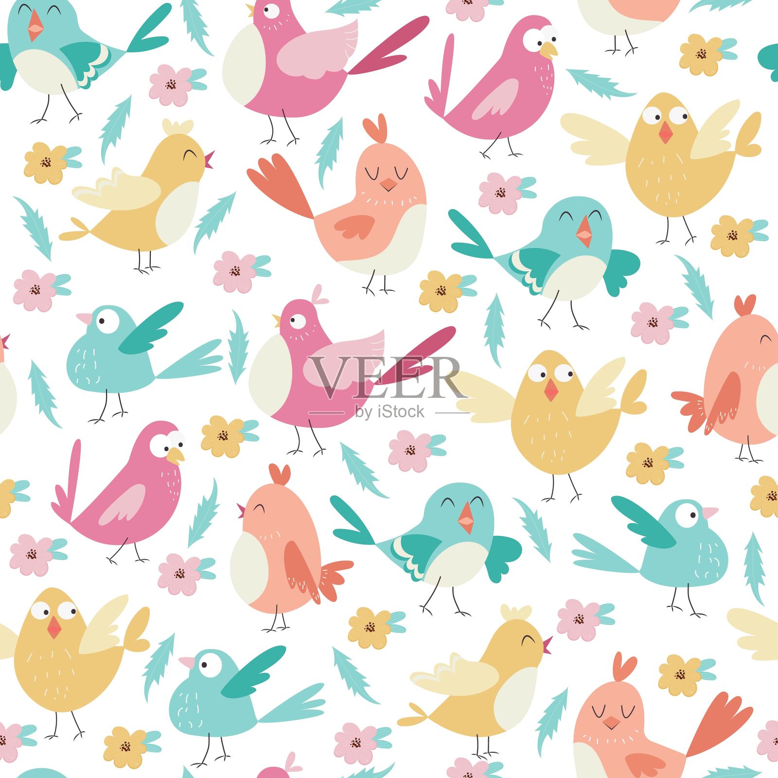 无缝矢量图案与可爱的小鸟和花卉元素。插画图片素材