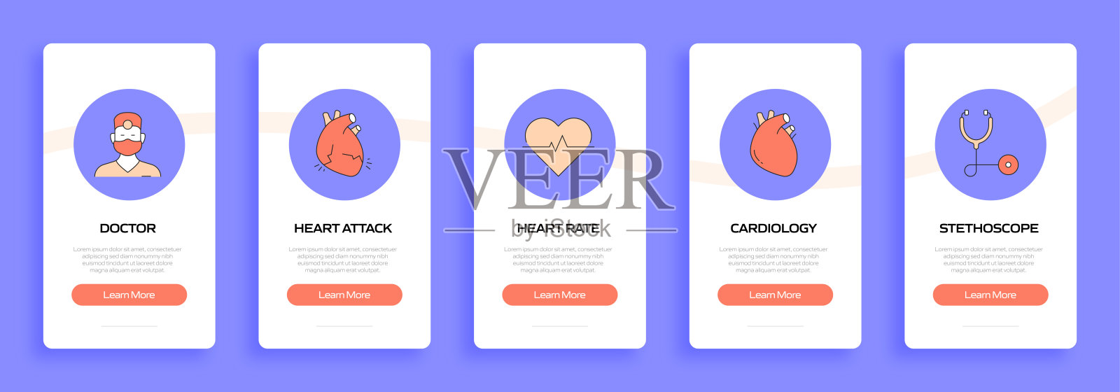 带图标的移动应用程序页面屏幕上的医疗保健和医疗概念。用户体验，用户界面设计模板矢量插图插画图片素材