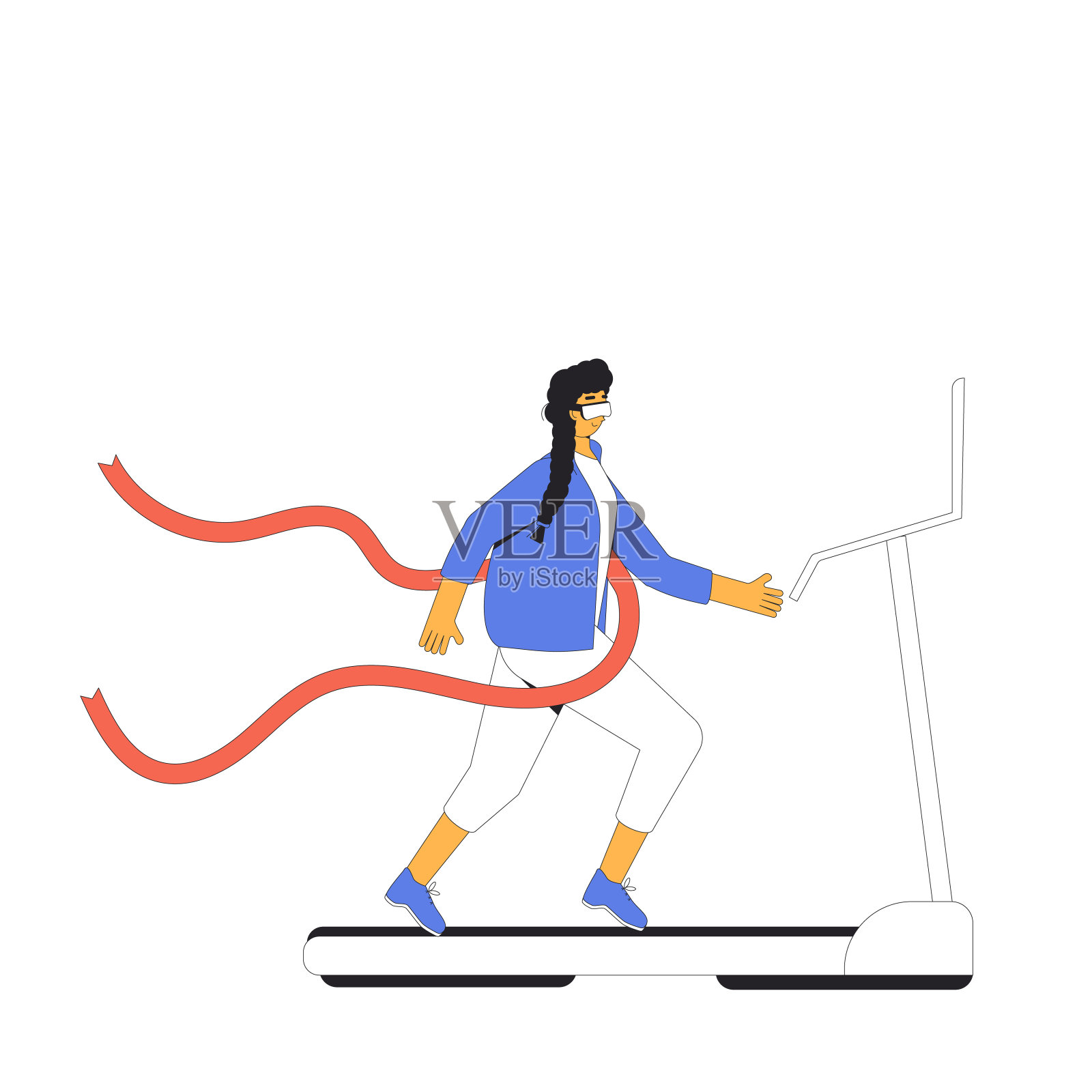 在跑步机上跑步的女人戴着VR头盔。虚拟现实的运动。插画图片素材
