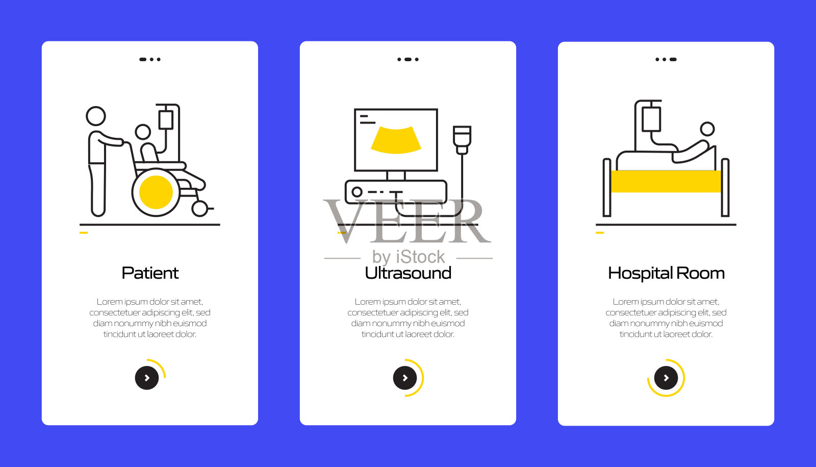 带图标的移动应用程序页面屏幕上的医疗保健和医疗概念。用户体验，用户界面设计模板矢量插图插画图片素材