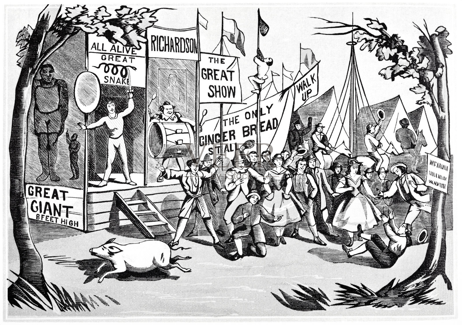 集市上的猪赛跑插画图片素材