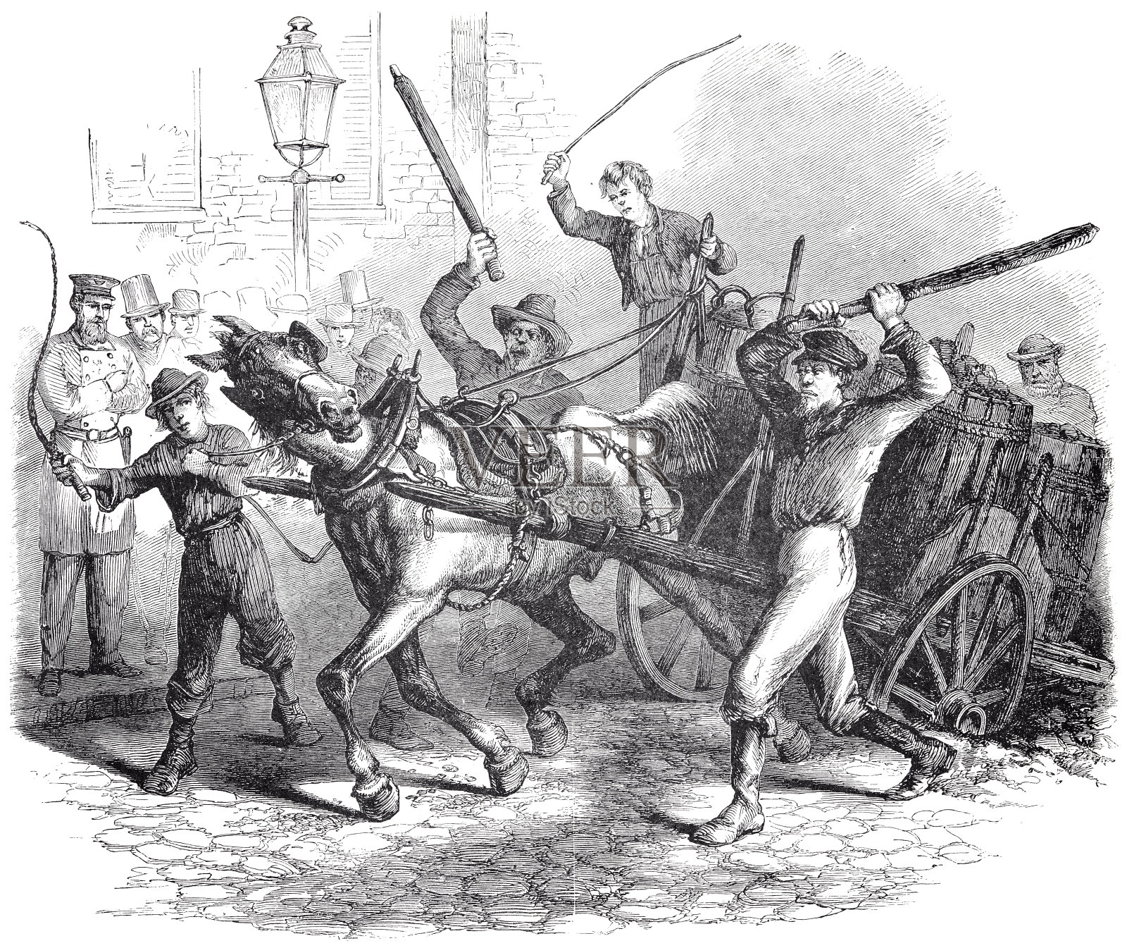 纽约市，一群人在折磨一匹马，防止虐待动物协会(SPCA)成立了插画图片素材