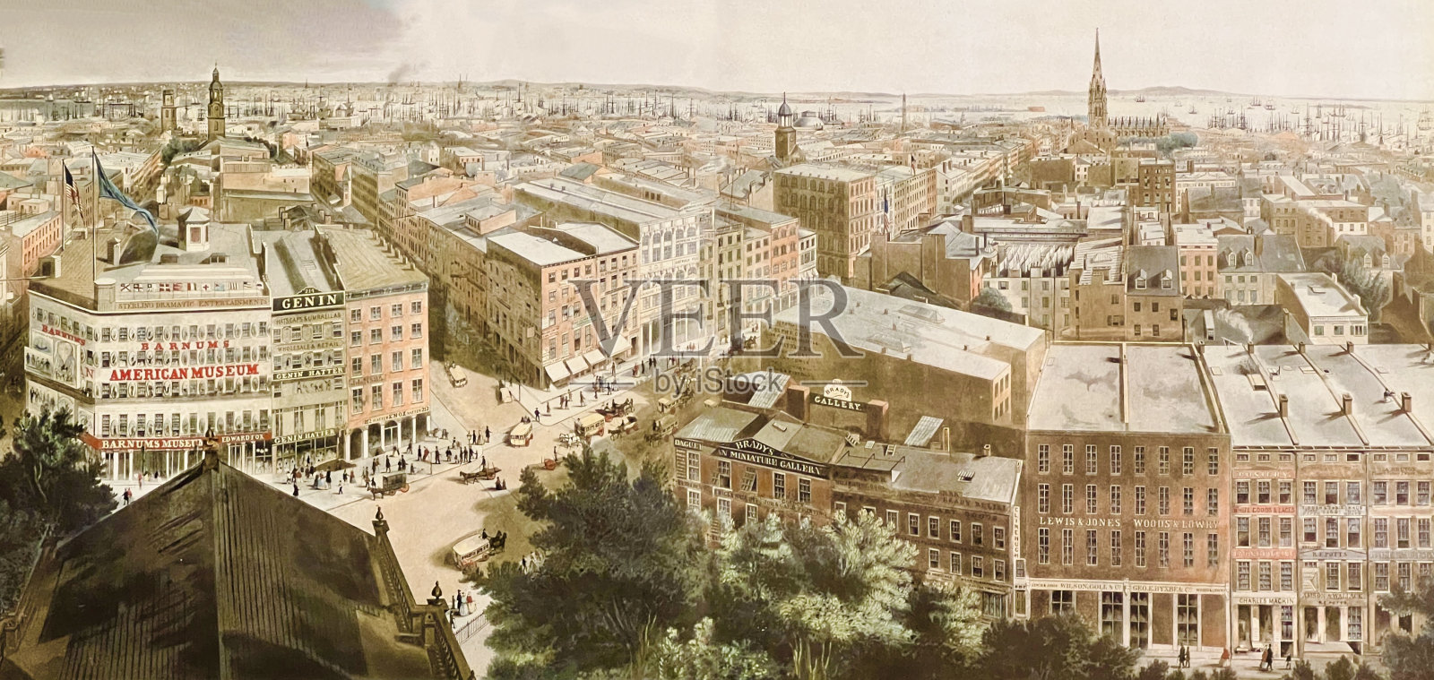 纽约市1855年，从南百老汇到三一教堂的鸟瞰图插画图片素材