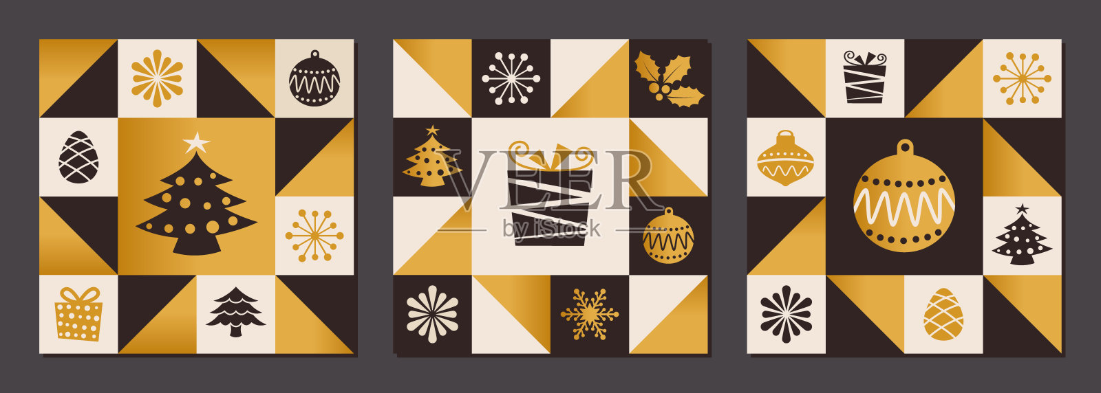 几何圣诞套方卡-金和黑插画图片素材