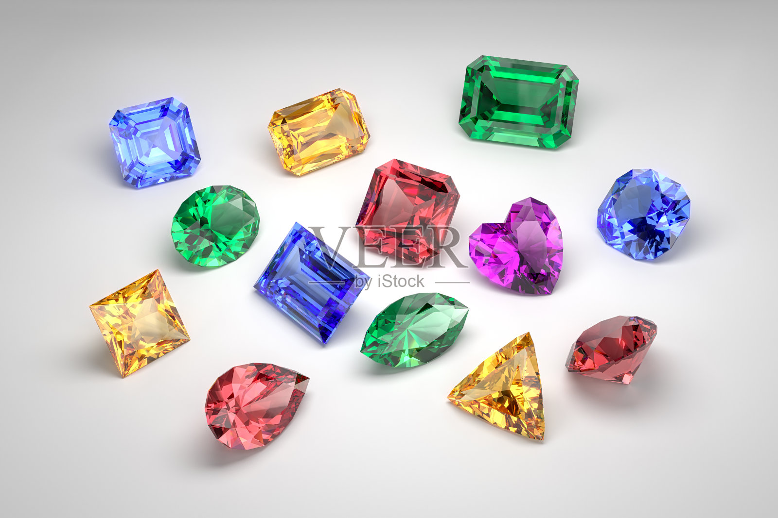 白色背景上不同切工的宝石散落展览照片摄影图片