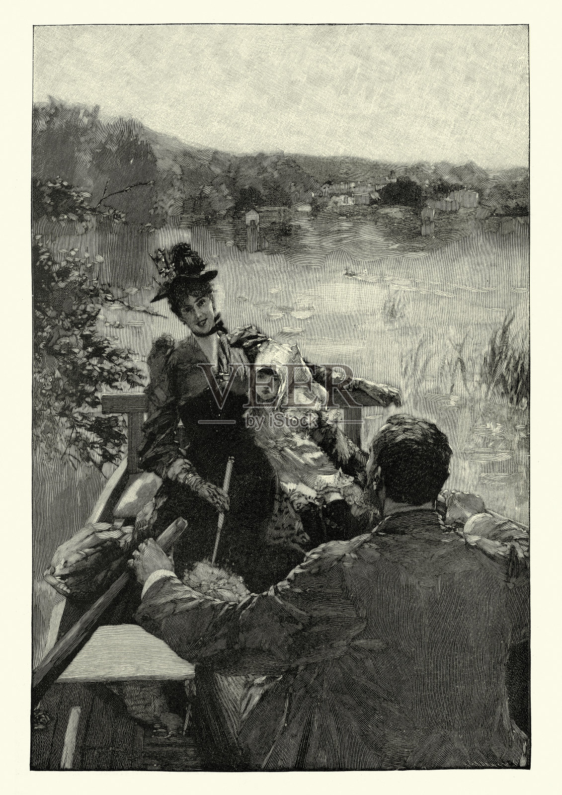 19世纪，年轻的家庭在德国的Ammersee上划船插画图片素材